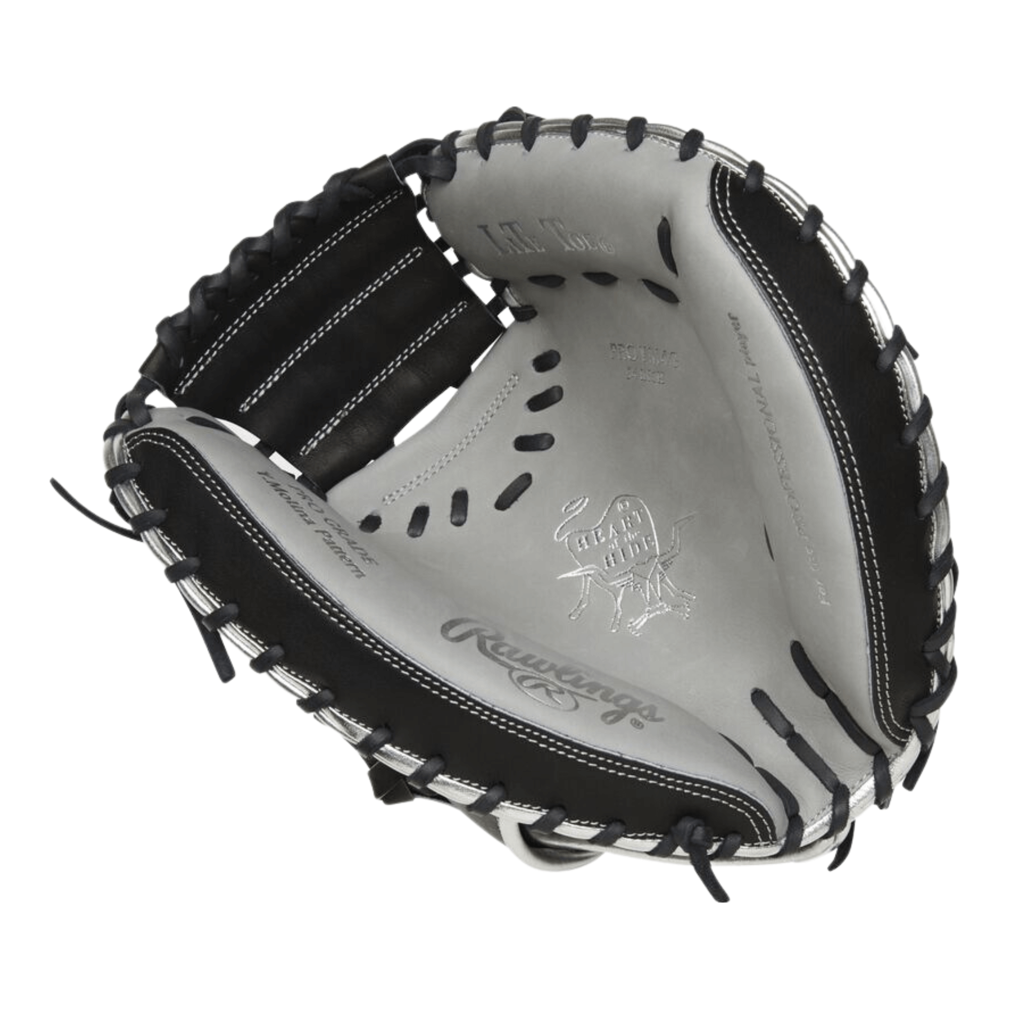 Inside view of Rawlings ColorSync 7.0 34" catcher's mitt showcasing black and gray leather design and unique stitching.