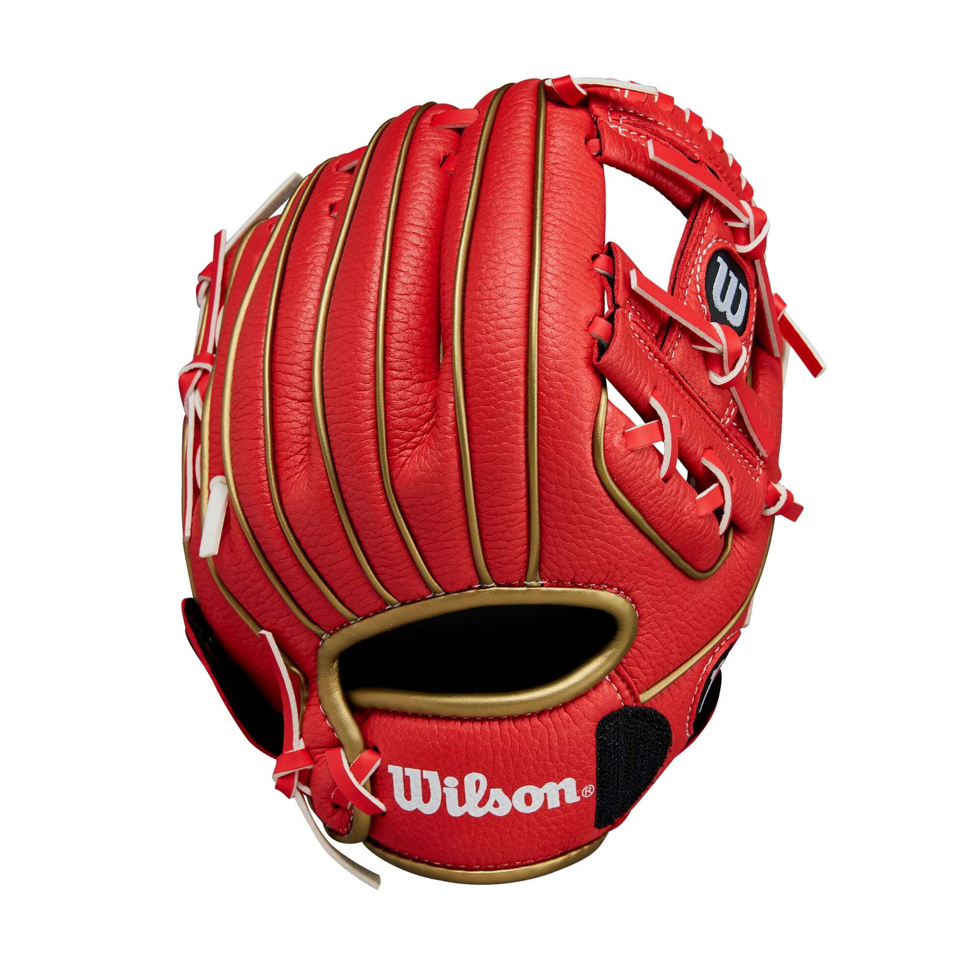 Wilson 2024 A200 EZ Catch 9" T-Ball glove in red and gold, designed for young players with a secure fit and catch assist strap.