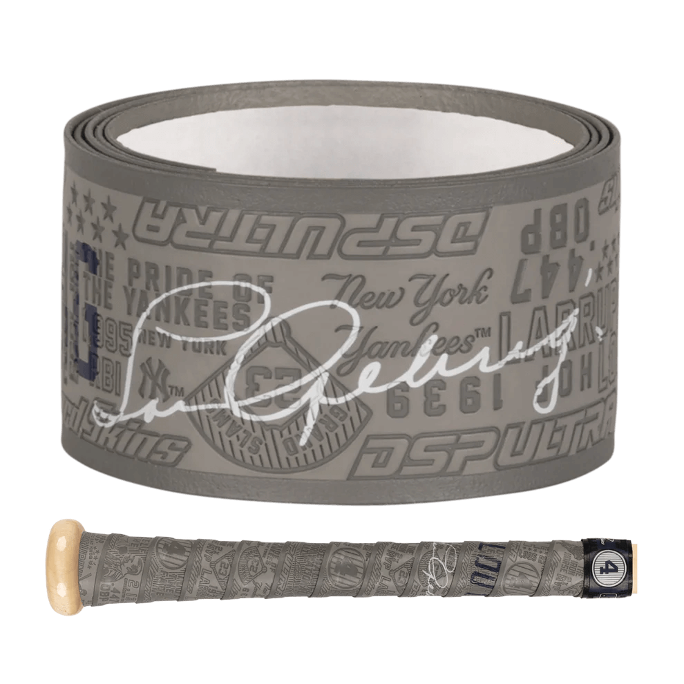 Lizard Skins DSP Ultra Bat Grip featuring Lou Gehrig's signature and Yankees-themed design, 0.5 mm thickness.