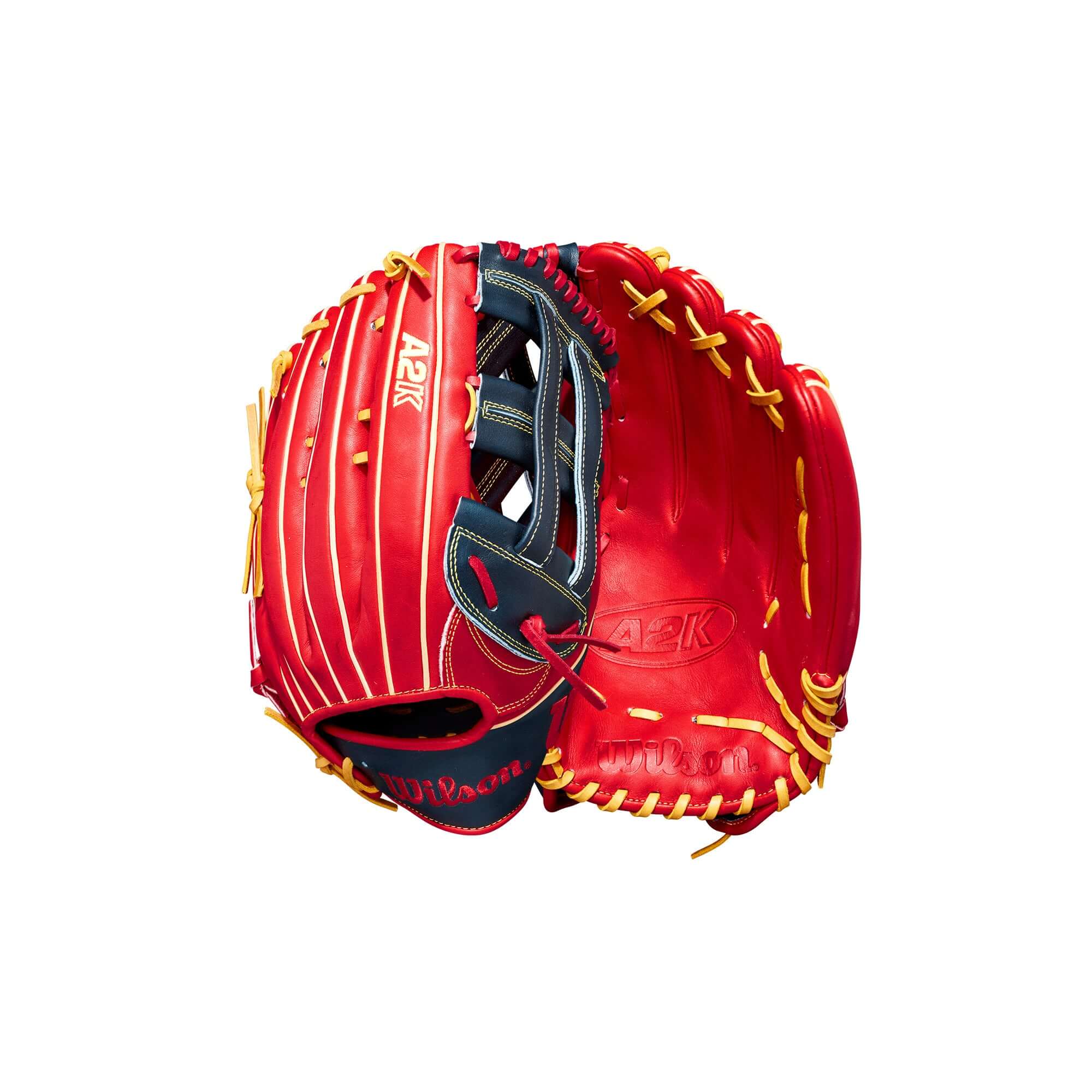 Wilson 2022 A2K JS22 GM Outfield Baseball Glove in red and black, featuring a Dual Post Web design and 12.75" size.