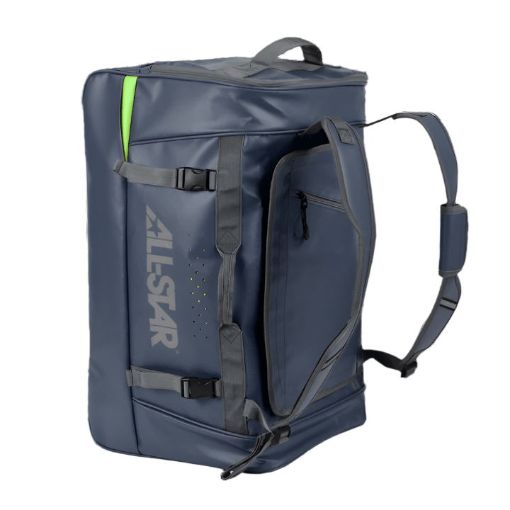 Side view of All-Star S7 Elite Player Duffle navy with baseball bats