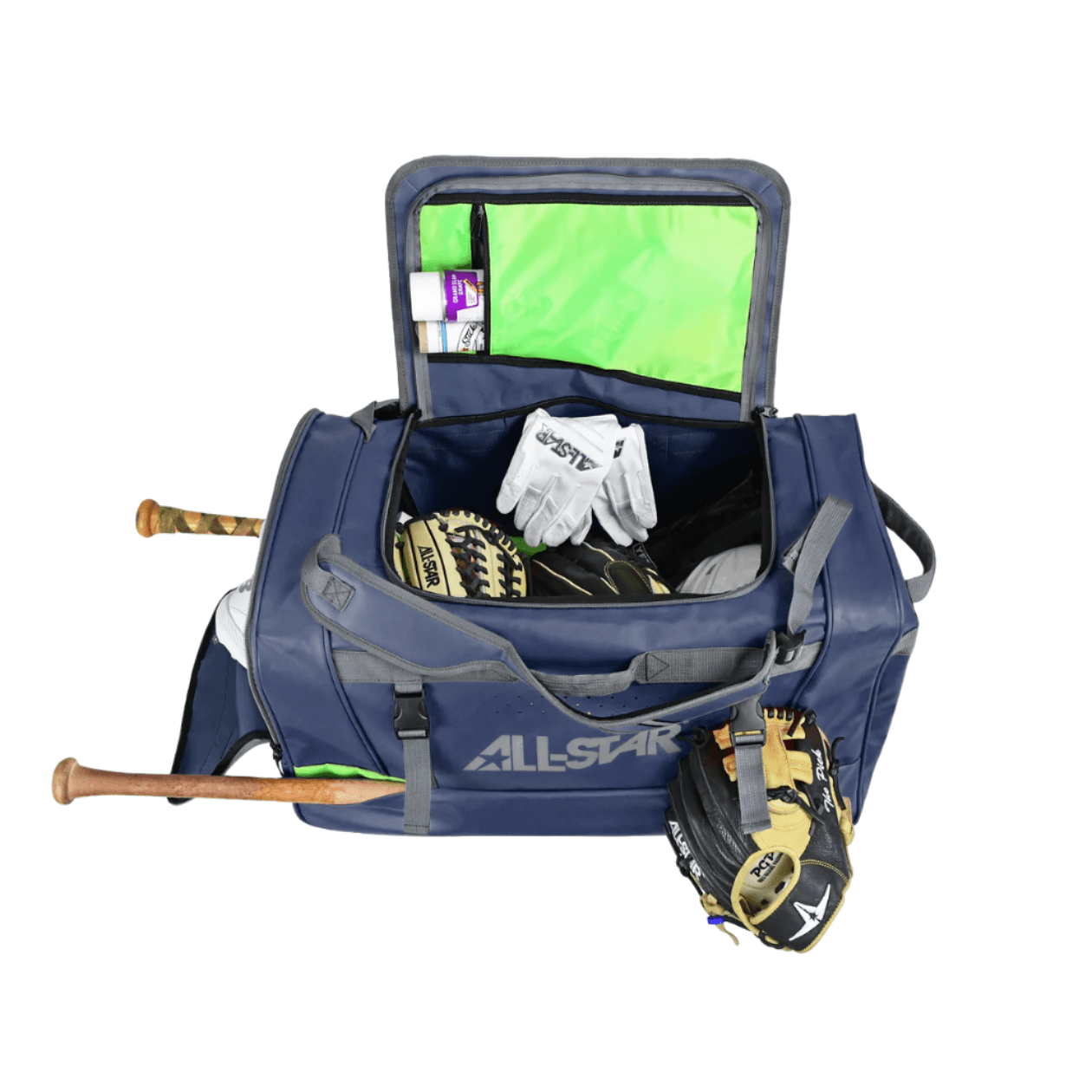 Top-open view of All-Star S7 Elite Player Duffle navy, revealing spacious interior.