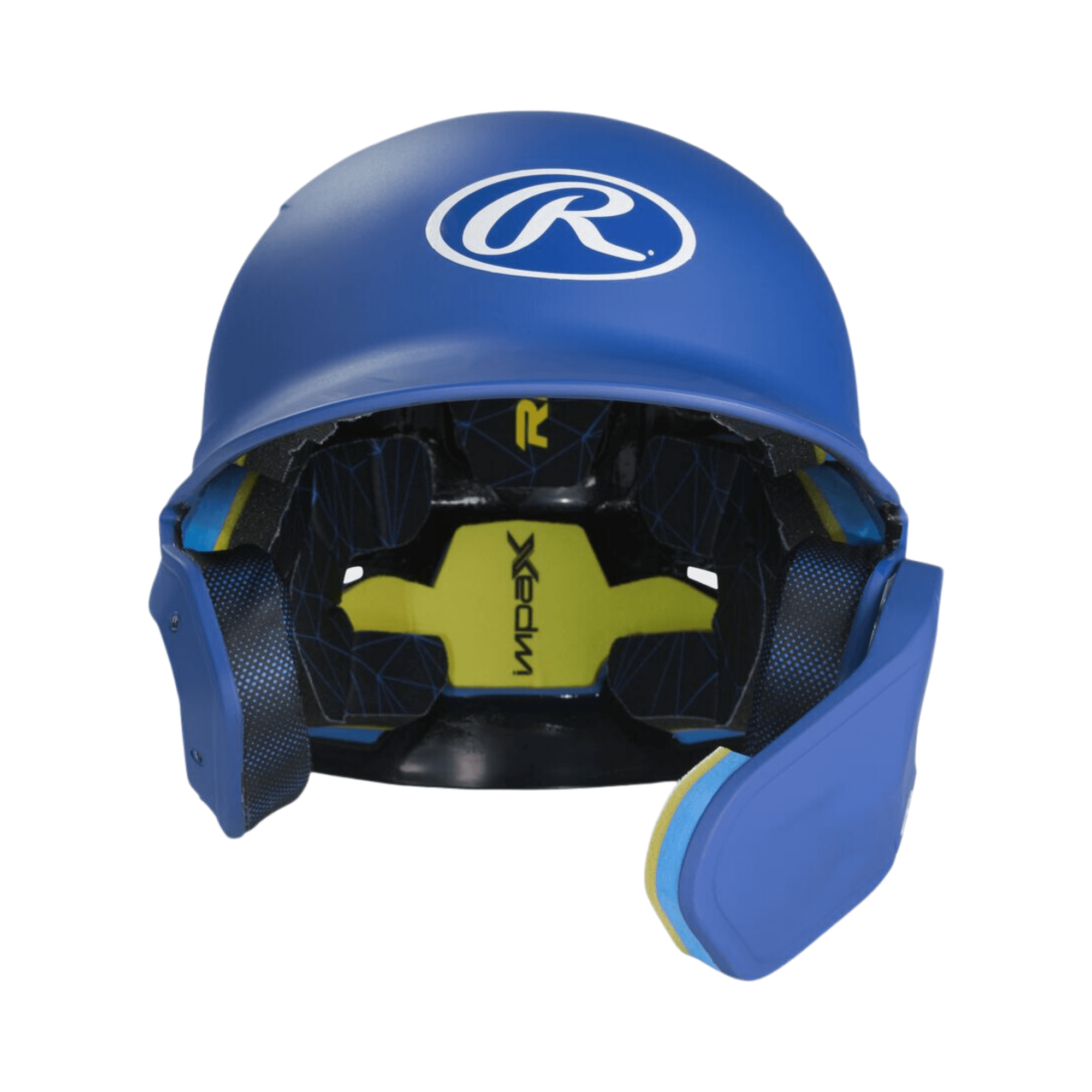 Rawlings Mach Adjust right-handed batting helmet in blue with adjustable design for optimal fit and coverage.