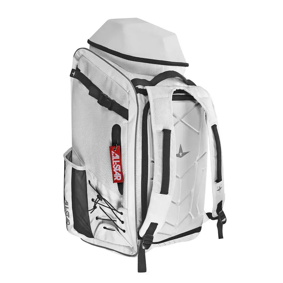 All-Star MVP PROβ’ Dual Hybrid Bat Pack with multiple compartments, vent holes, and adjustable straps for comfort.