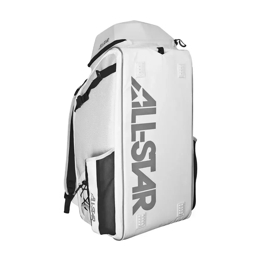 All-Star MVP PRO™ Dual Hybrid Bat Pack in white, featuring bat sleeves and ventilated design for optimal gear storage.