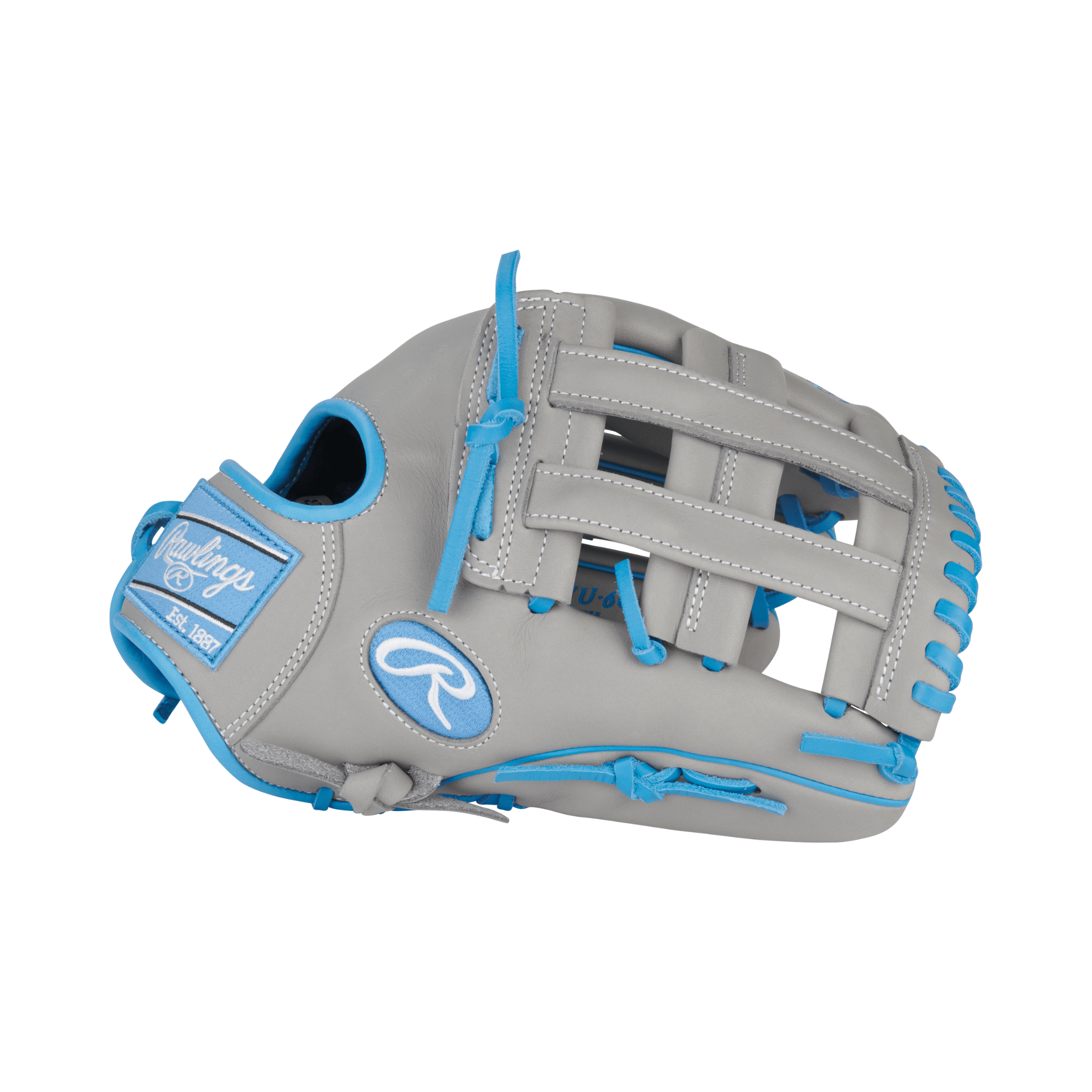 Close-up of thumb area on Rawlings NXT 12.25" Gray/Columbia Blue glove with padded thumb sleeve for comfort