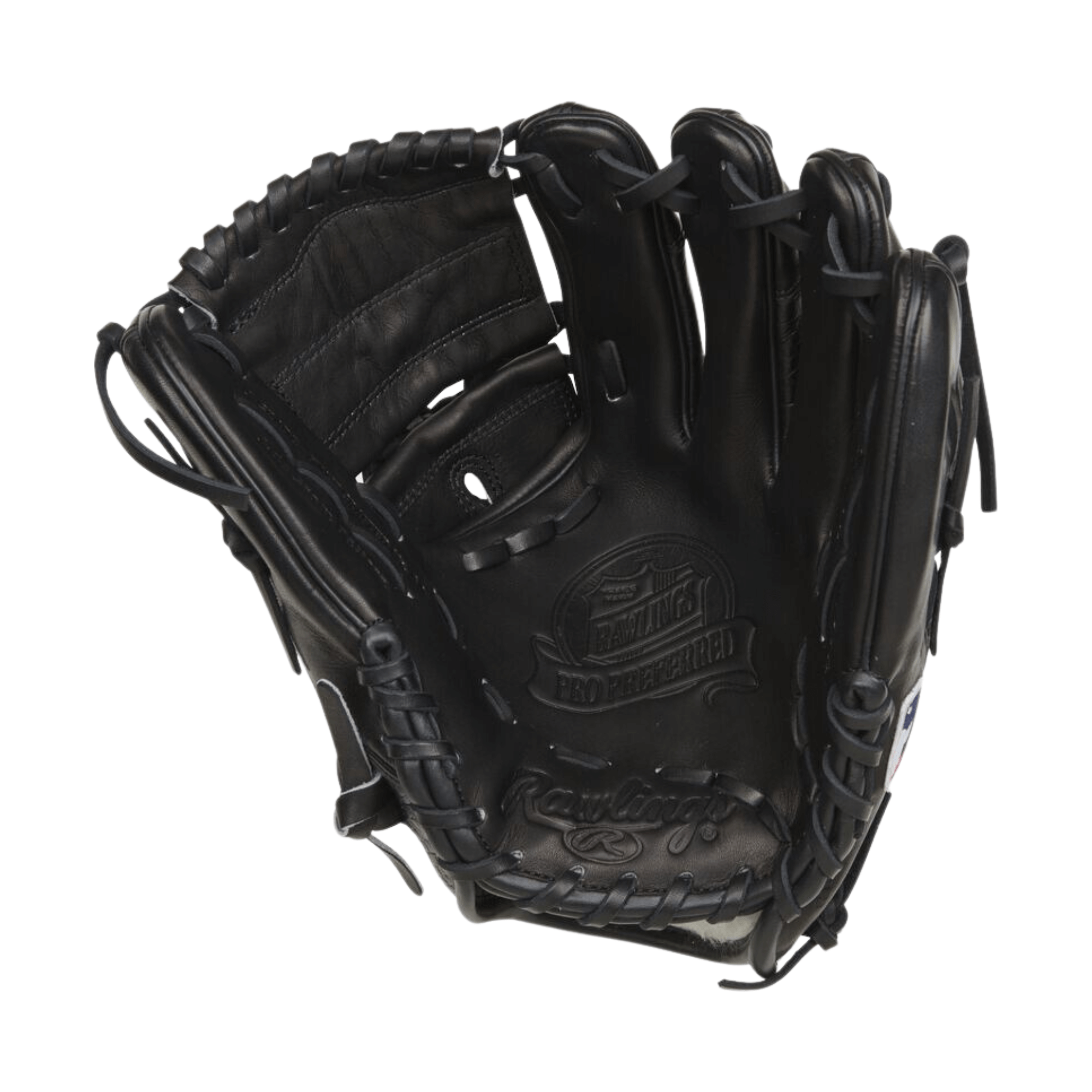 Rawlings Pro Preferred Series baseball glove in black, featuring a 2-piece solid web and deep pocket for pitchers.