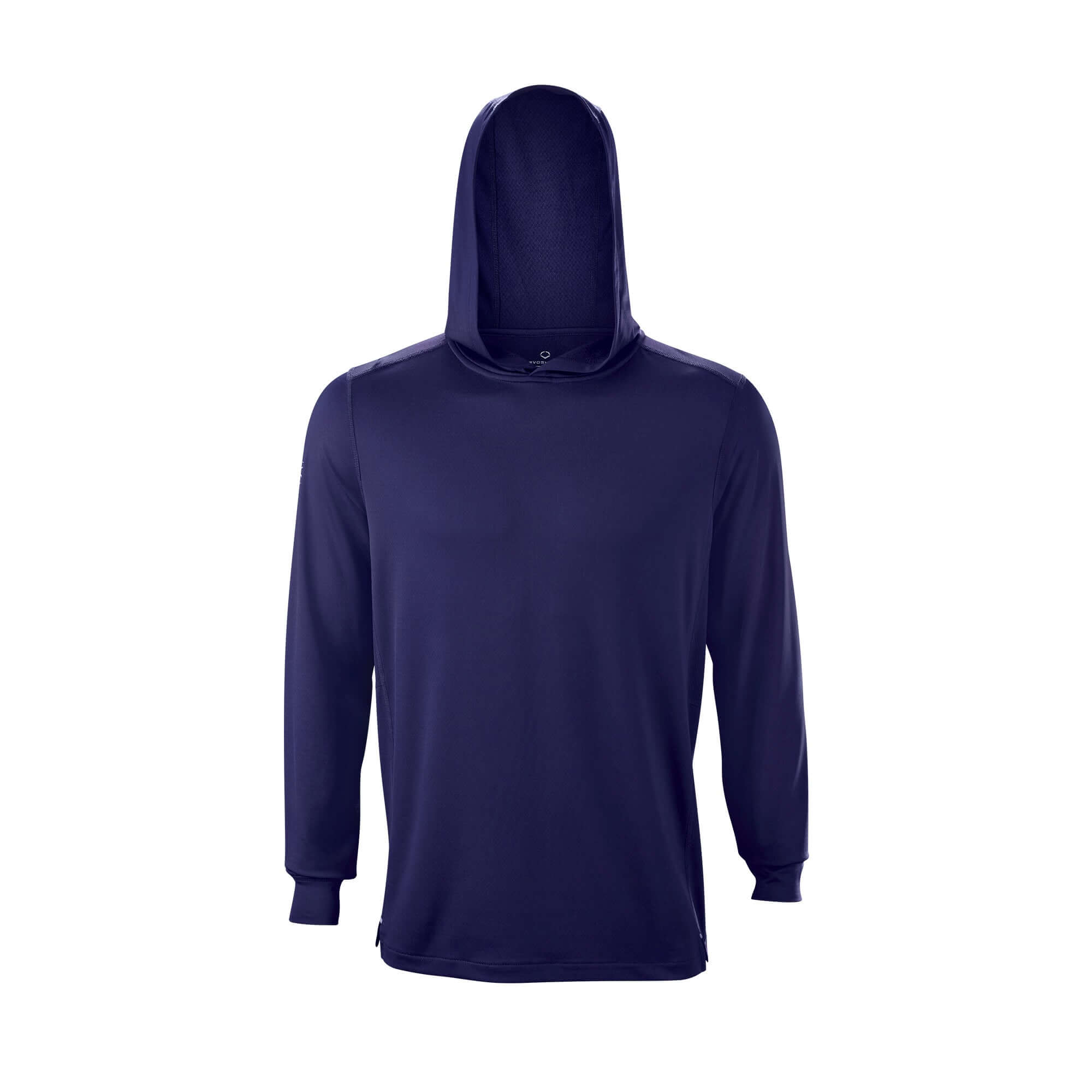 Front view of Evoshield Adult Lightweight Training Hoodie 2.0 in navy, showcasing its slim fit and lightweight design.