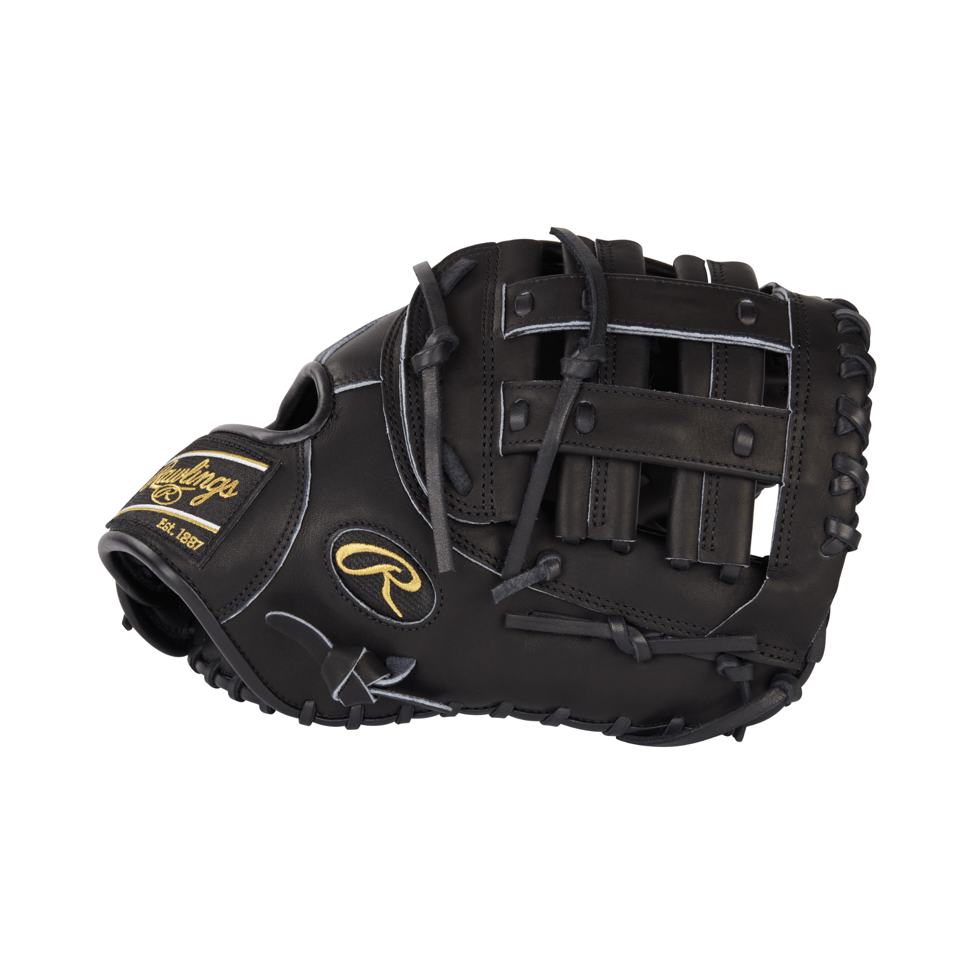Rawlings Heart of the Hide 12.5" First Base Mitt in black, featuring modified H-Web for optimal performance and grip.