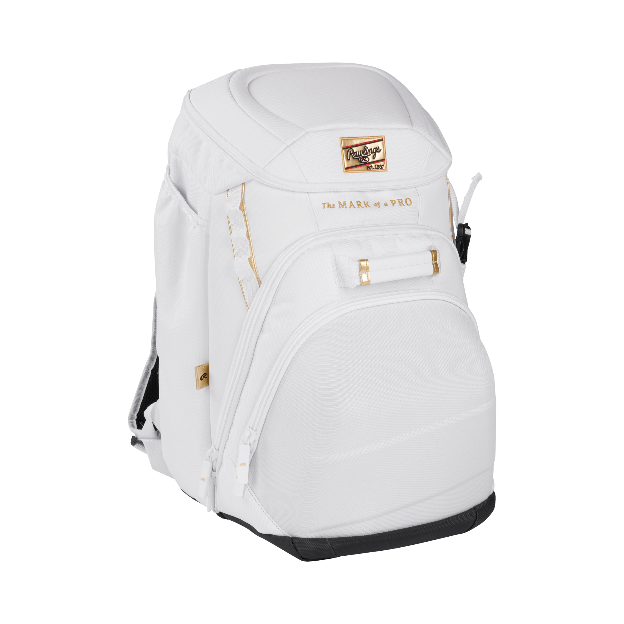 Rawlings Gold Collection Backpack in white, featuring protective interior and sleek design for ballplayers.