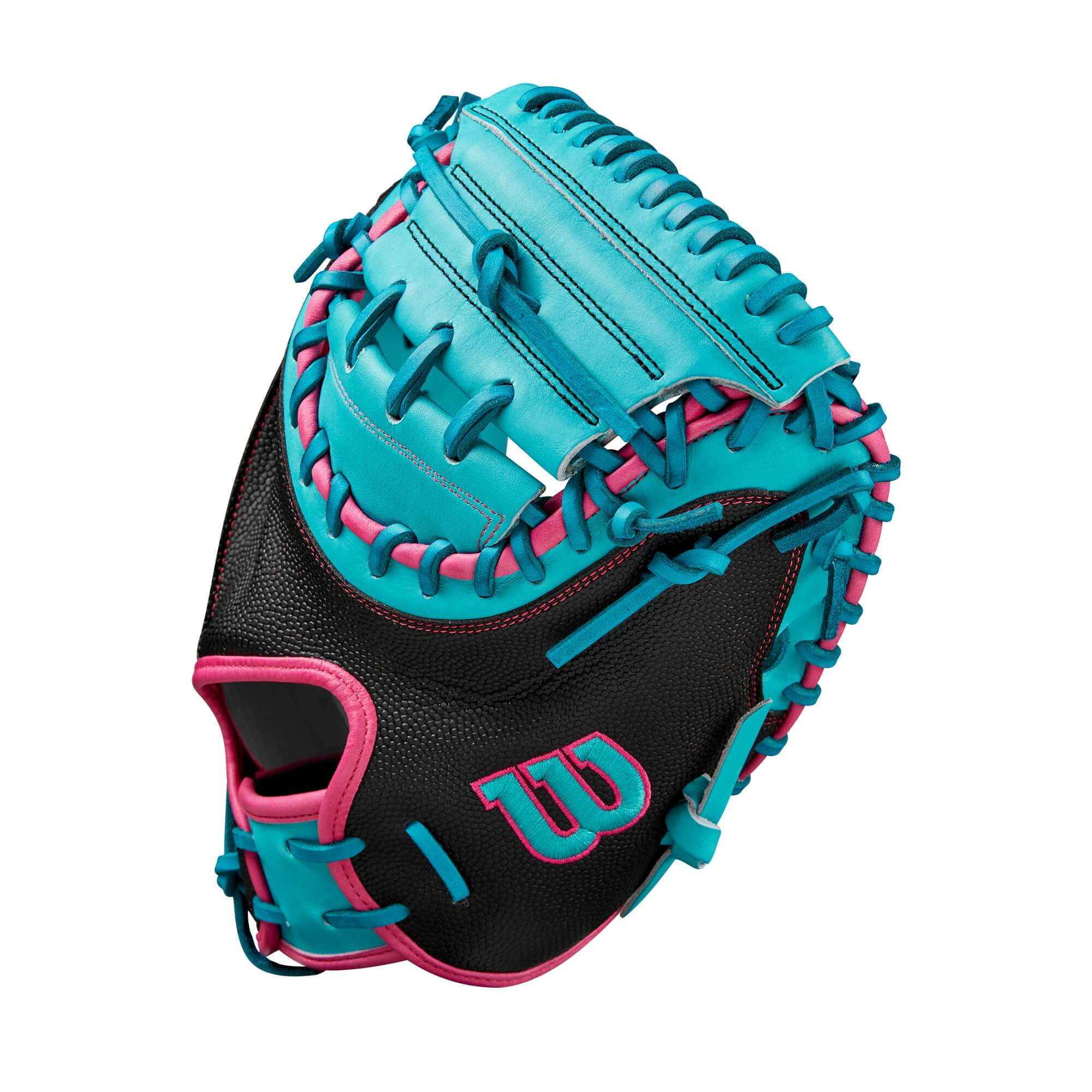 Wilson Fall 2024 A2000 CM33 Catcher's Mitt in Black/Teal, 33-inch, featuring Pro Stock leather and Half Moon Web design.