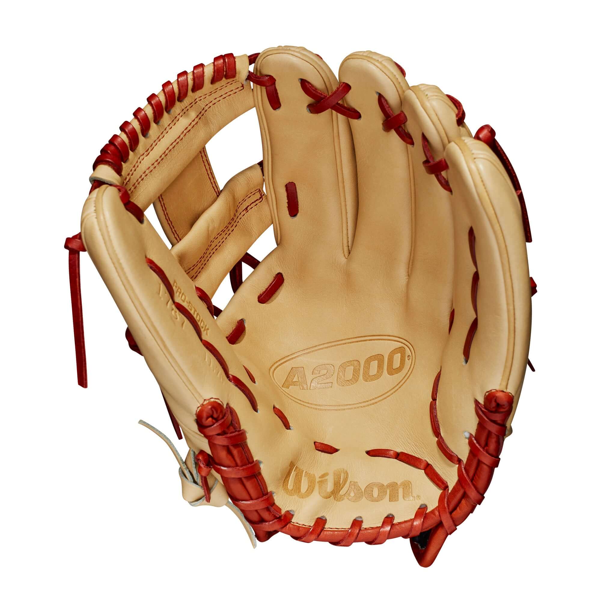 Wilson A2000 1787 11.75-inch glove in blonde and red, featuring ComfortPro Lining and Flat Finger Binding for enhanced feel and comfort.