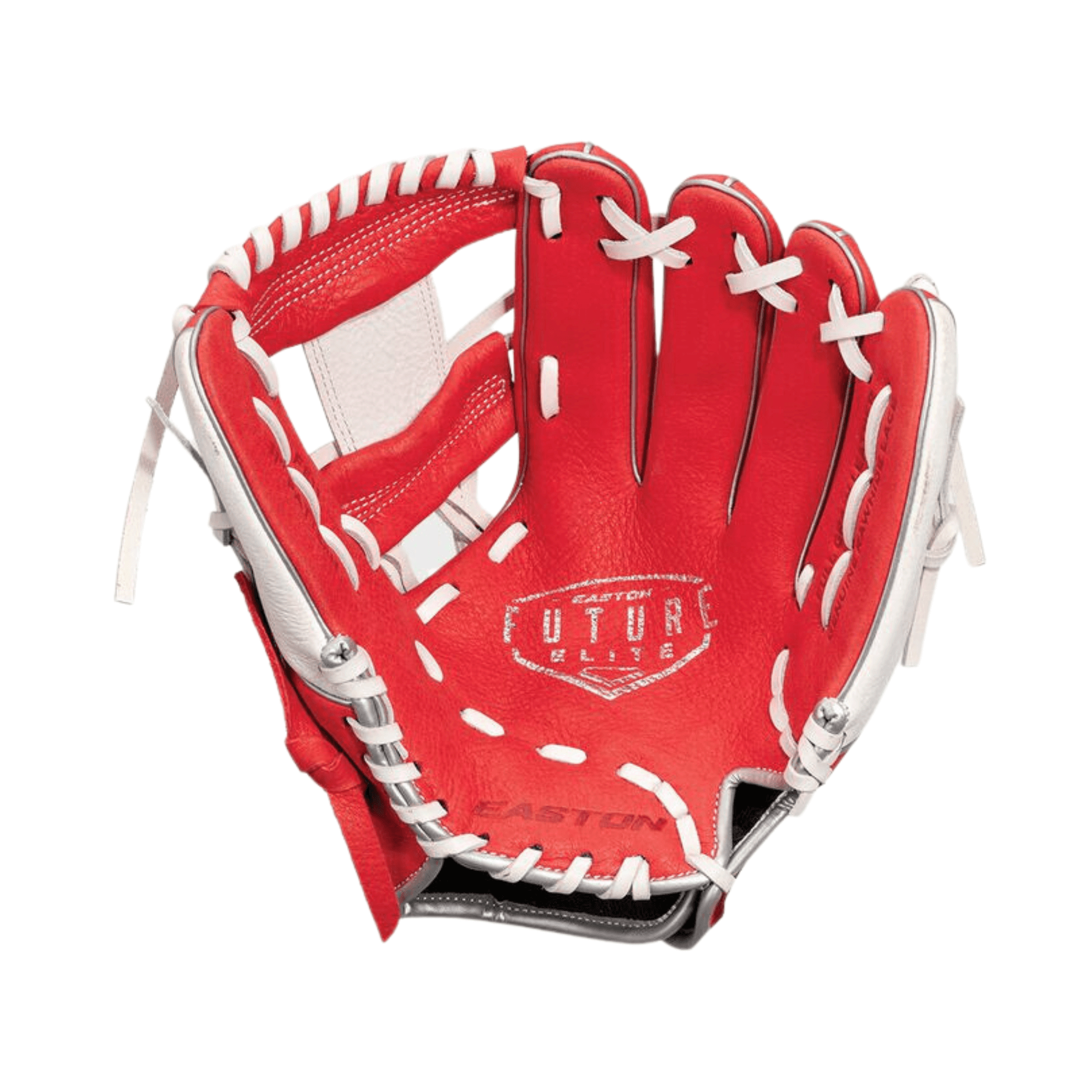 Easton Future Elite Series 11" youth baseball glove in red and white, designed for defense and comfort on the diamond.