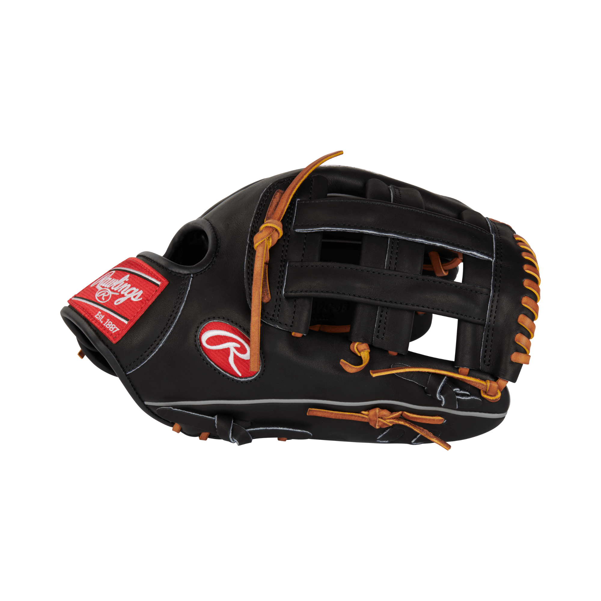 Rawlings Heart of the Hide 12.75"LHT baseball glove, all-black leather with tan lacing, side view.