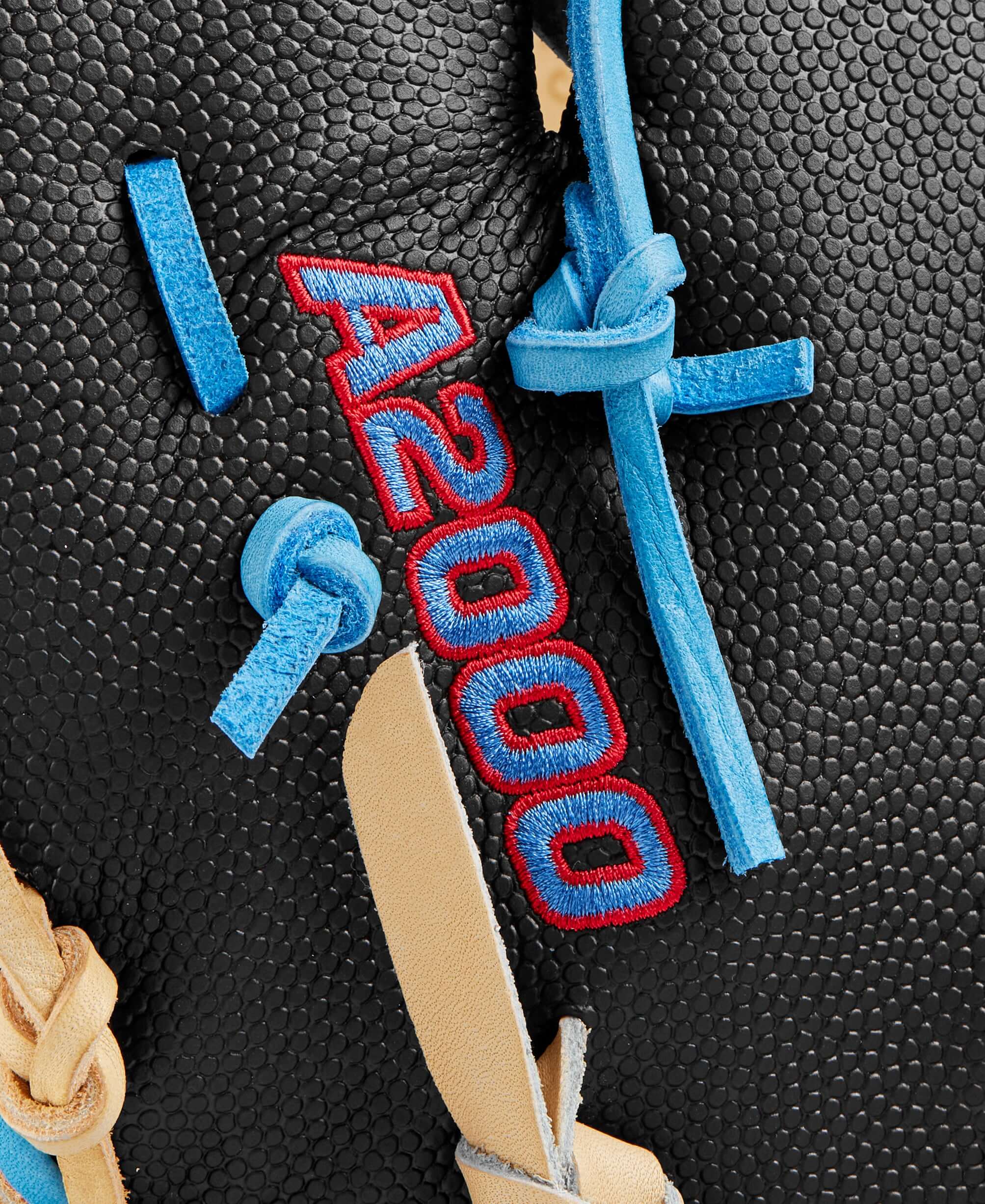 Close-up of the Wilson A2000 first base mitt showing intricate stitching and vibrant color details.