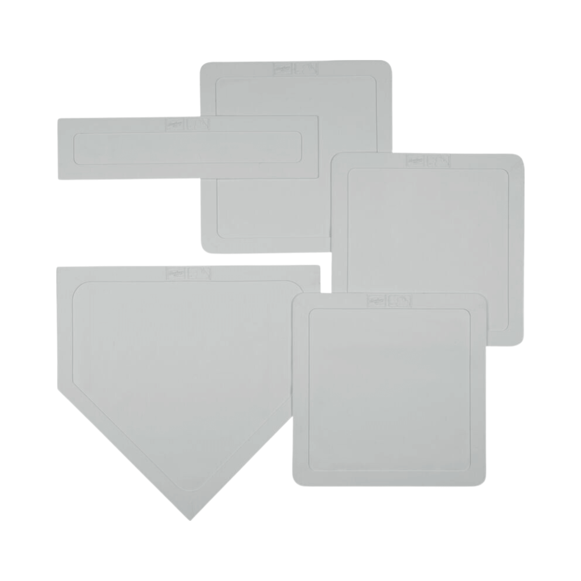 Rawlings 5-piece rubber base set including 3 bases, home plate, and pitching rubber for baseball and softball practice.