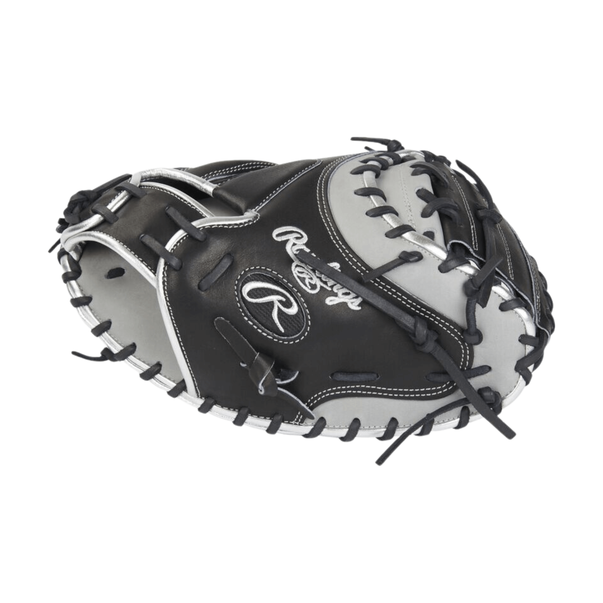 Rawlings ColorSync 7.0 34-inch catcher's mitt in black and gray with one-piece web design.