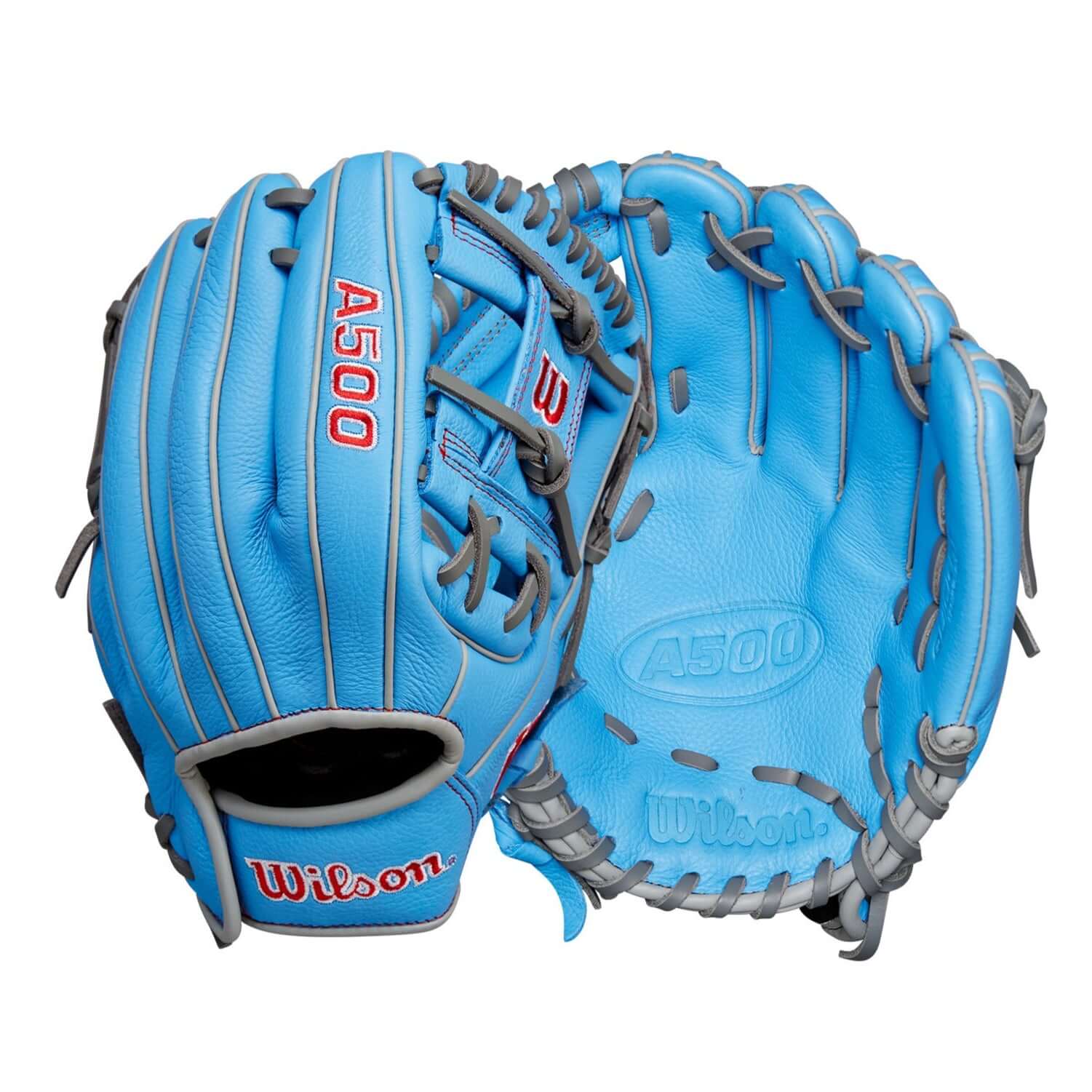 Wilson A500 Youth Baseball Glove 11" in Blue/Grey/Red, featuring full leather construction and Quick Fit wrist strap.