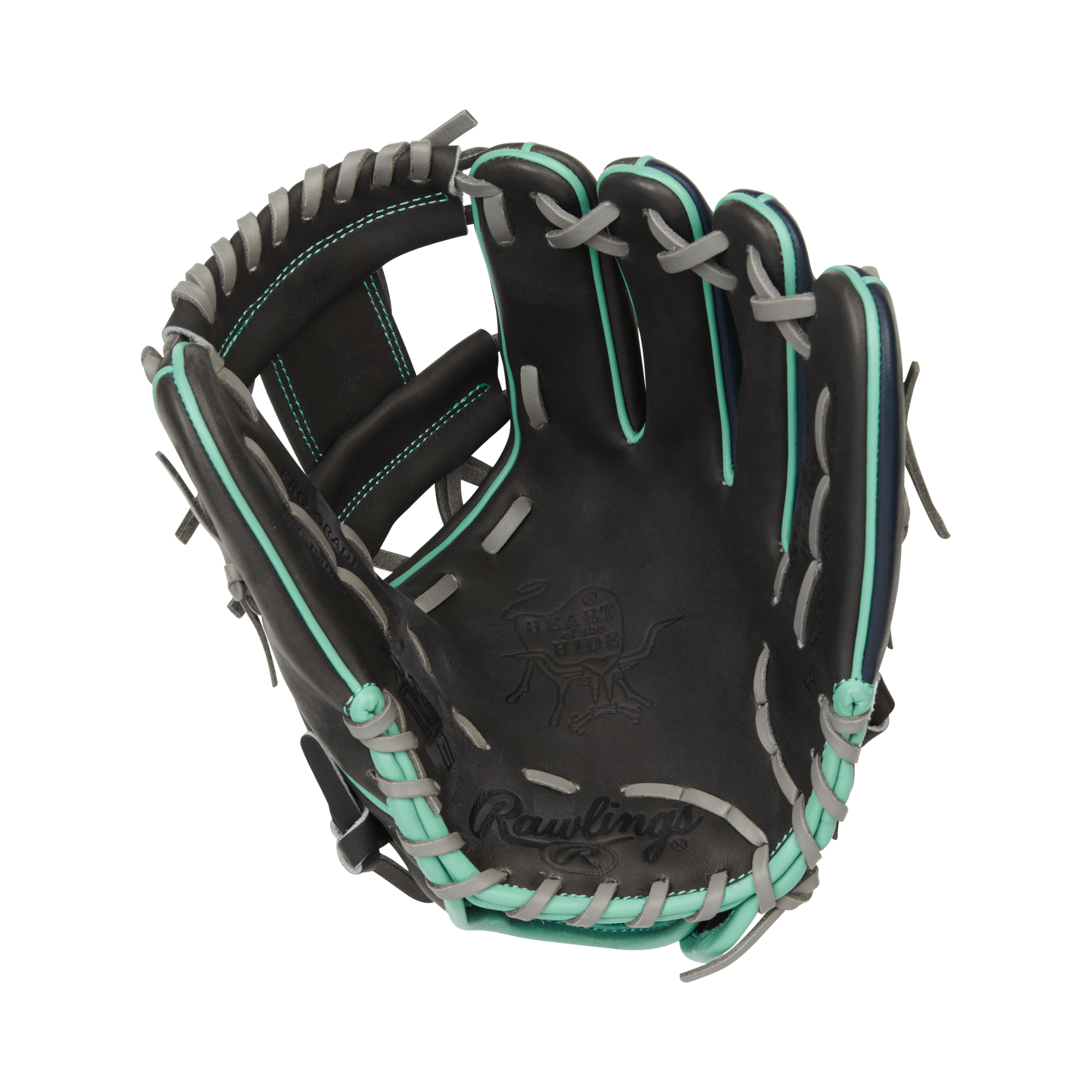Rawlings Heart of the Hide R2G 11.25" infielder glove with black leather and teal accents, ready for play.