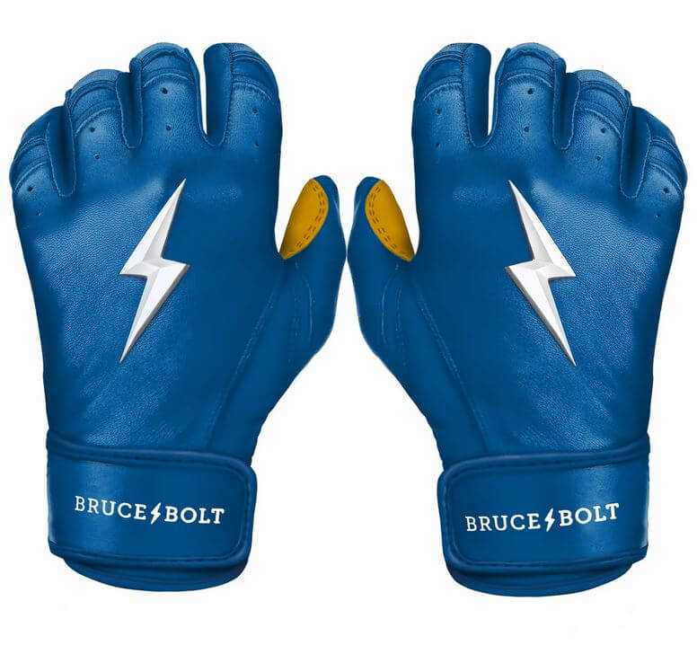 Bruce Bolt Premium Short Cuff Royal batting gloves, backhand view with lightning logo and blue color