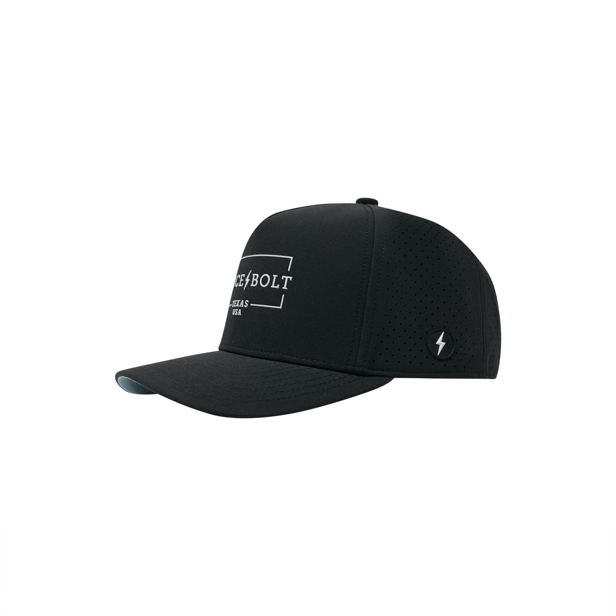 Bruce Bolt Standard 5-Panel Snapback Hat in black, featuring breathable panels and a unique sweatband design.