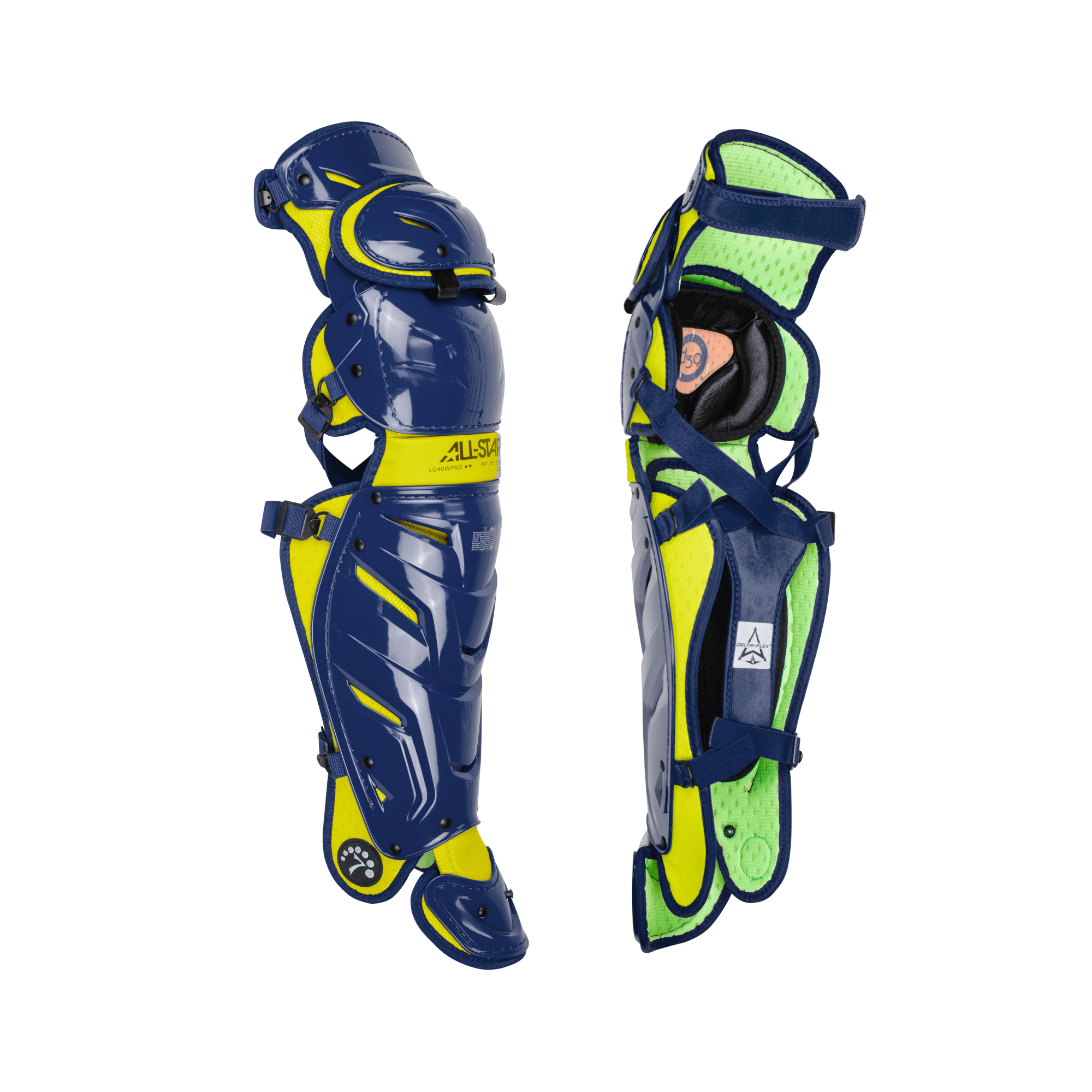 All-Star S7 leg guards in blue and yellow, featuring LINQ™ hinge system for enhanced mobility and comfort for adult catchers.
