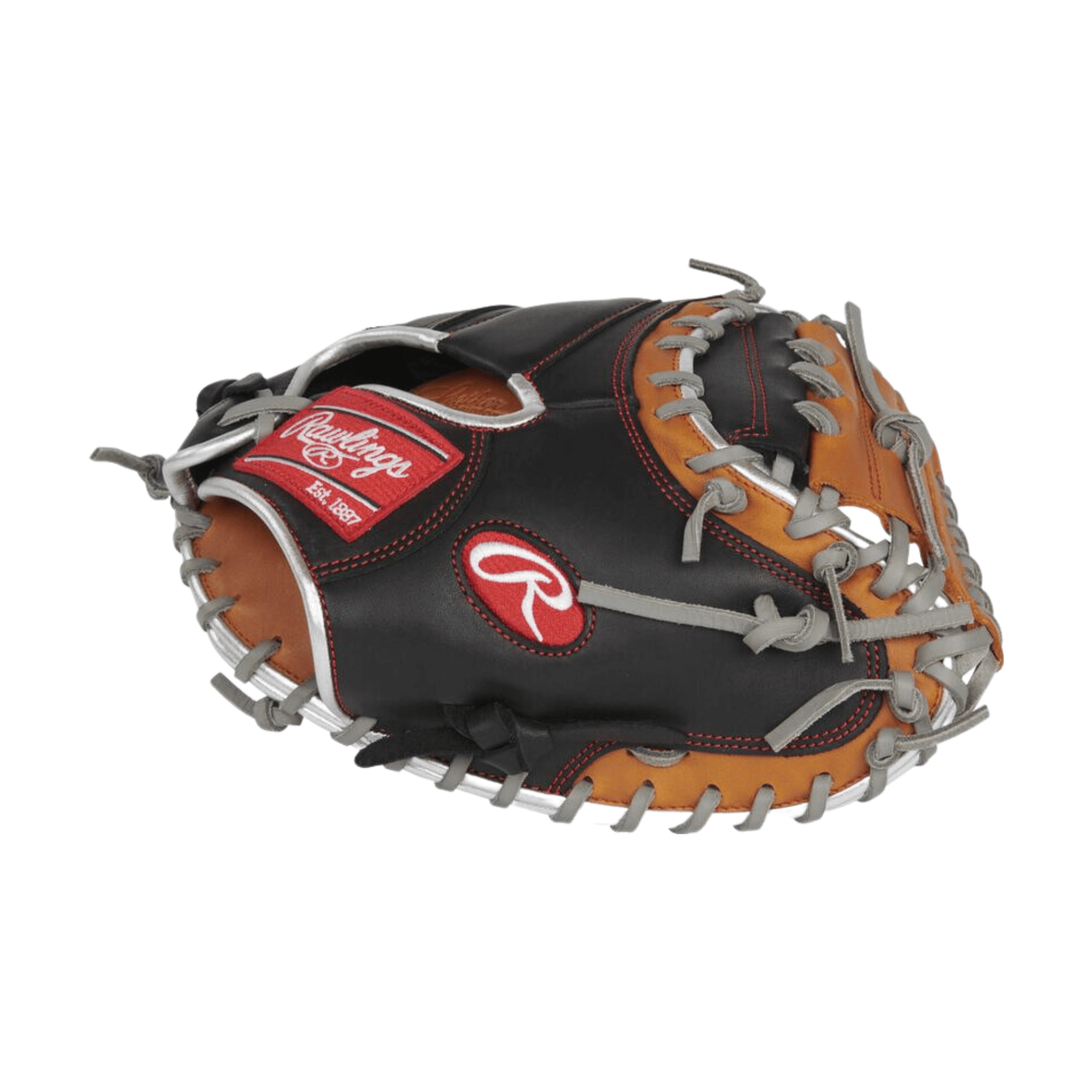 Rawlings R9 Contour 32-inch catcher's mitt, designed for young players with durable leather and padded protection.