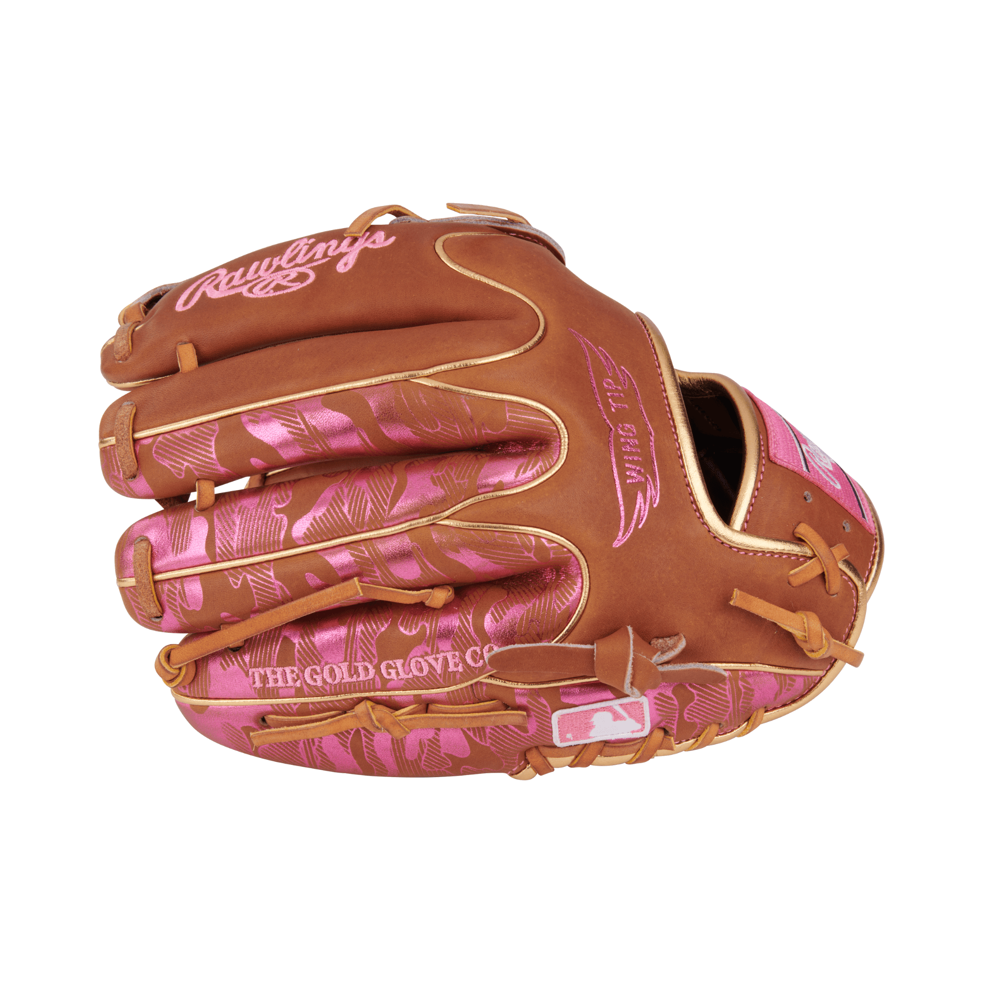 Right side view of the Rawlings Colorsync glove with a wider feel and laced 2PC web design.