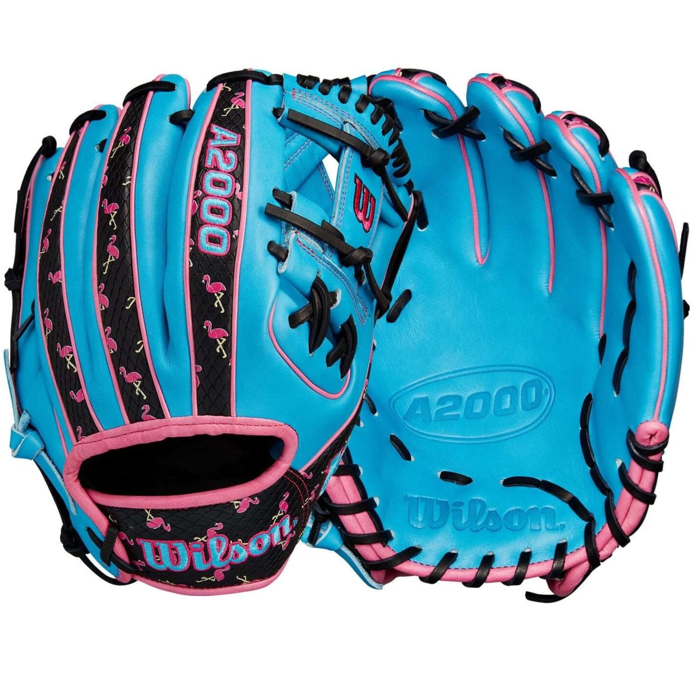 Wilson A2000 1786 glove in Tropical Blue and pink Flamingo design, 11.5” H-Web ideal for middle infield players.