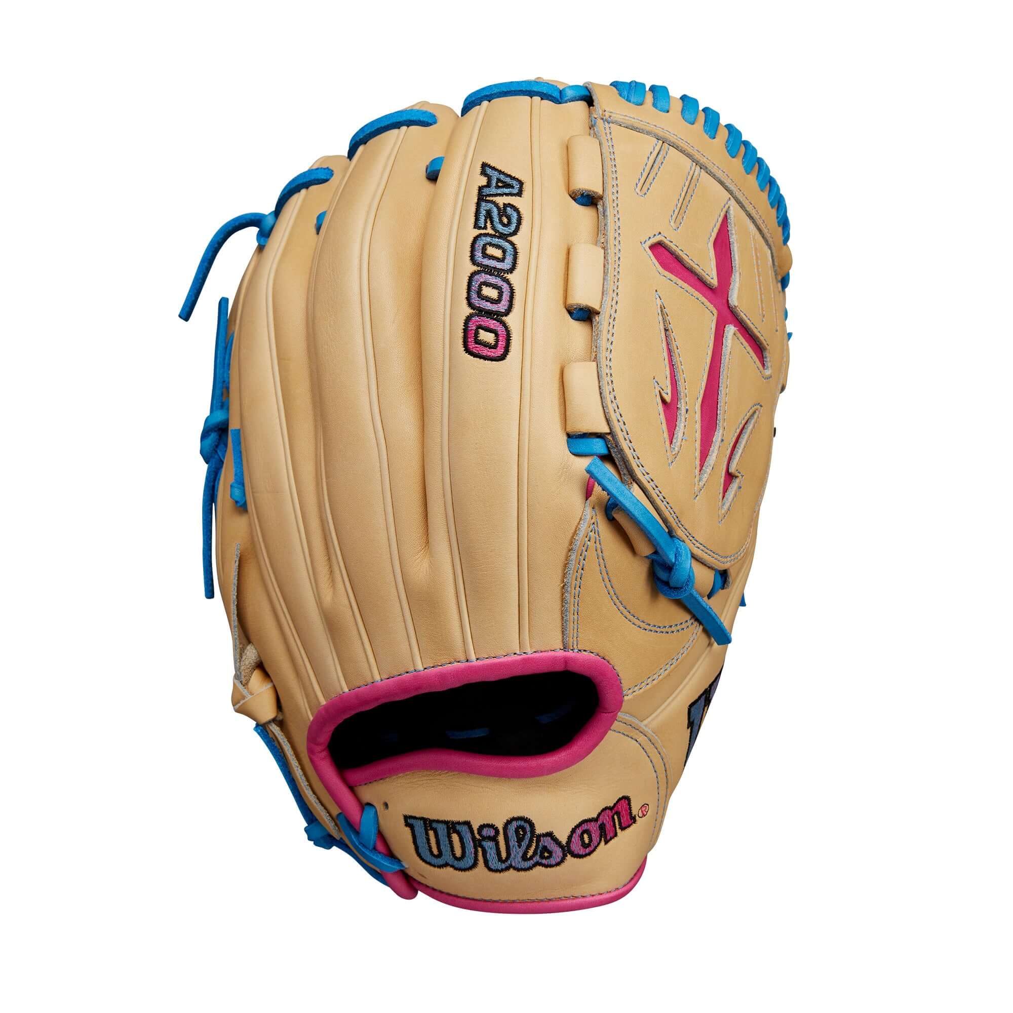 Wilson A2000 B23 glove, Blonde Pro Stock leather, Sky Blue and Pink accents, 12" Swordsman Web design.