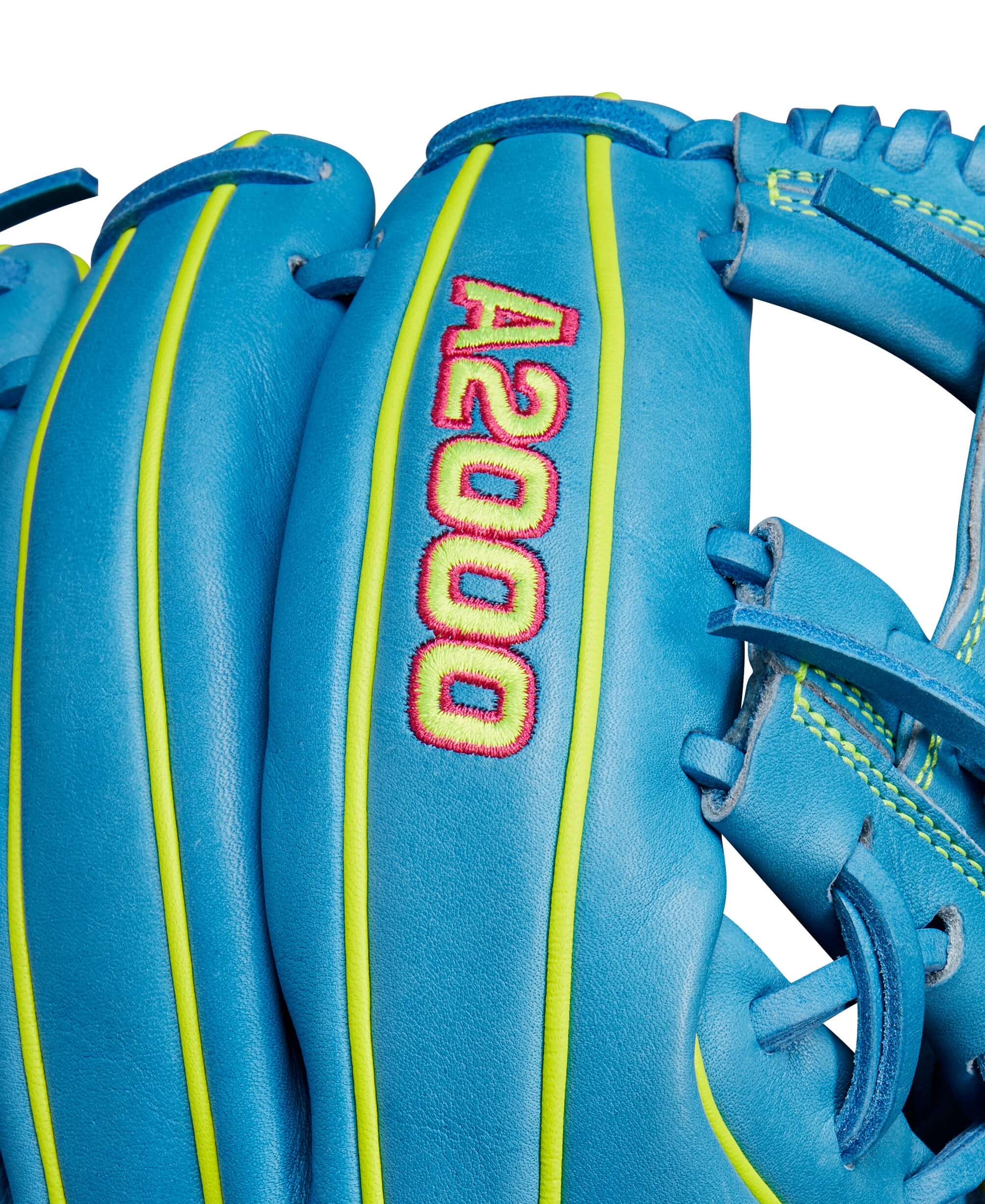 Close-up of Wilson A2000 1786 infield baseball glove in sky blue with yellow accents, showcasing Pro Stock leather.