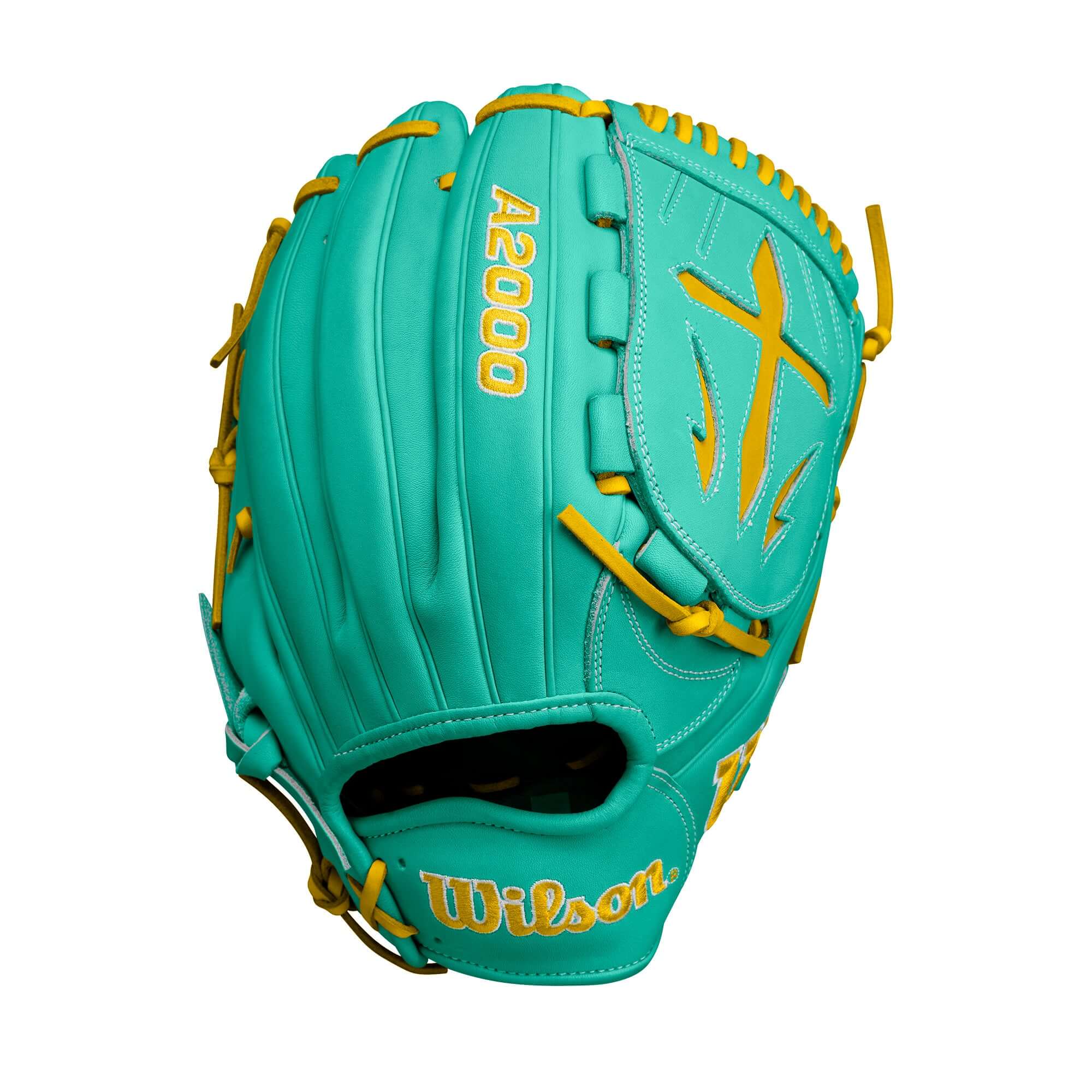 Wilson A2000 B23 12" pitcher’s baseball glove in teal and yellow, featuring a modified wrist strap for a secure fit.