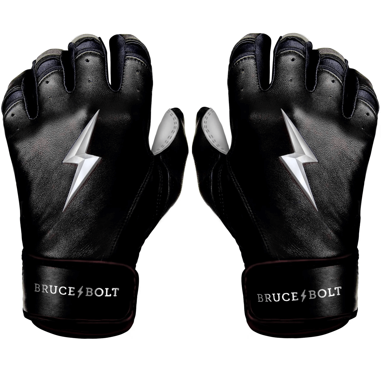 Bruce Bolt Youth Premium Pro Chrome Batting Gloves in black, featuring durable Cabretta leather and reinforced palm for optimal performance.