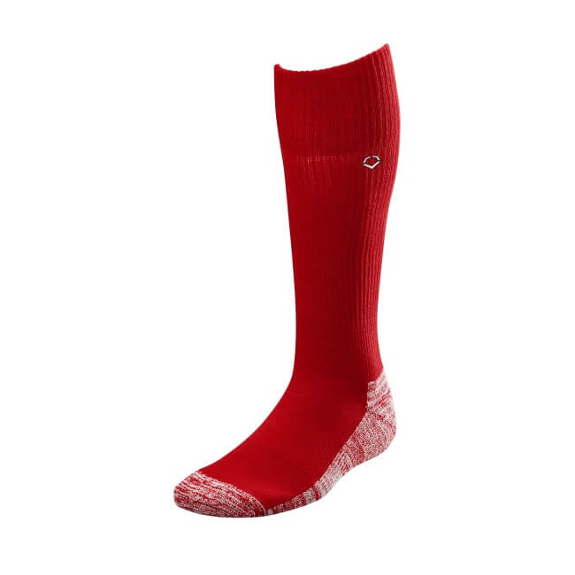 Side view of Evoshield Game Socks Scarlet showing textured foot and ribbed upper