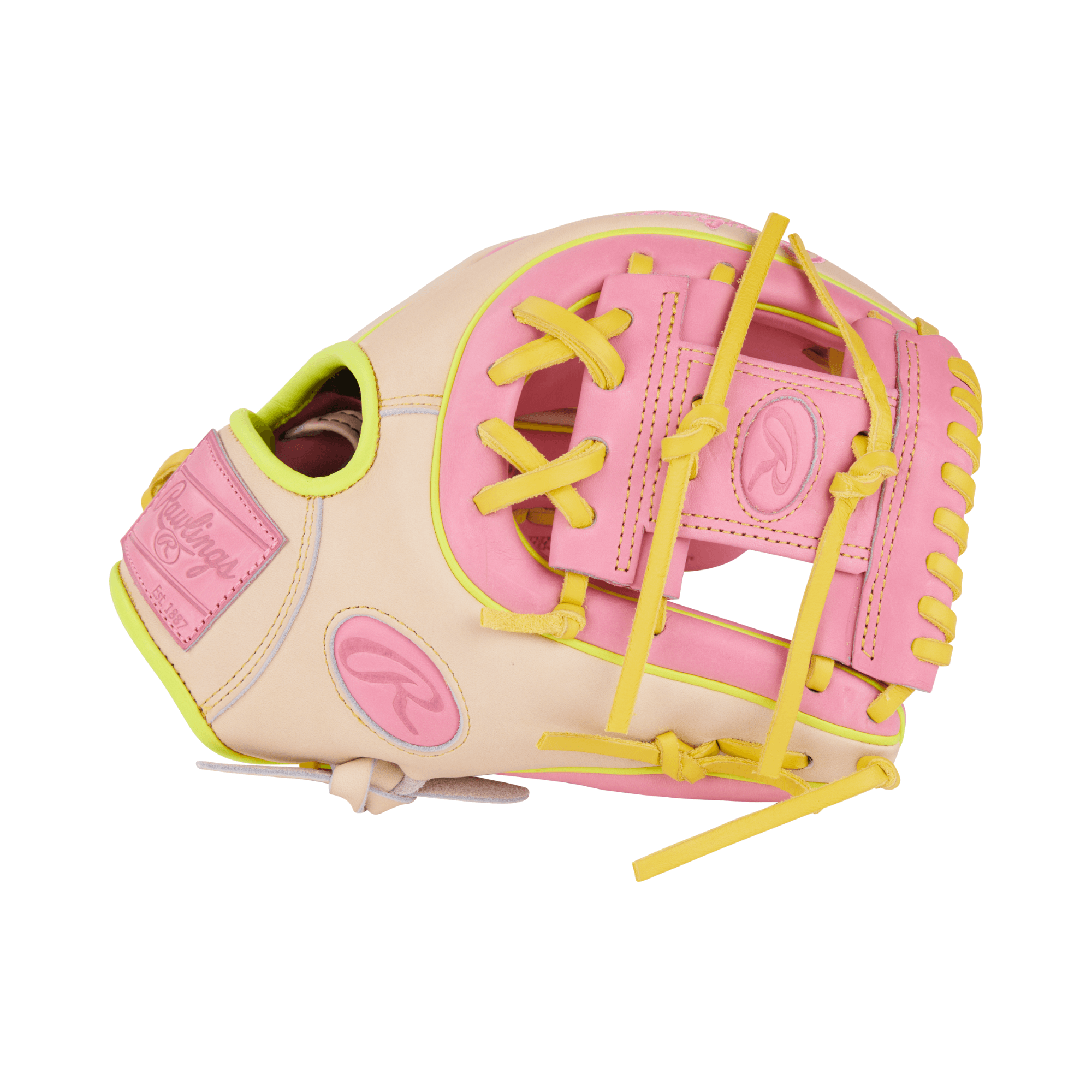 Close-up of the left side and thumb, highlighting pink leather patch and colorful design details