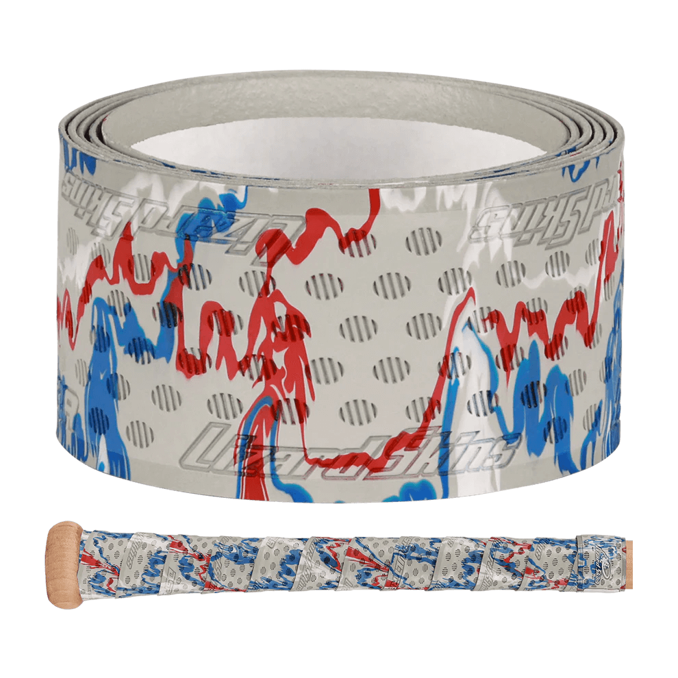 Lizard Skins DSP Ultra Bat Grip - 0.5 mm in red, white, and blue with oval pattern and multi-directional ridges, roll view and wrapped.