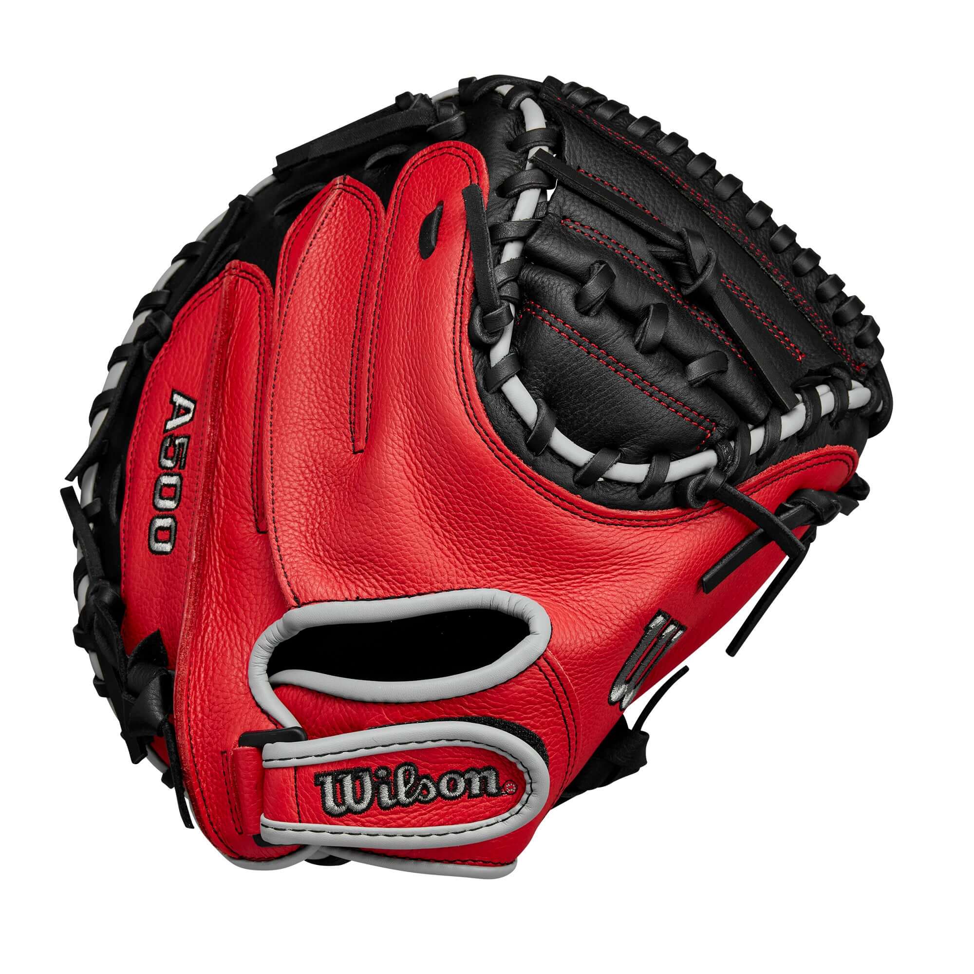 Back view of Wilson A500 CM32 25 Catcher's Mitt featuring the adjustable wrist strap and youth-specific fit.
