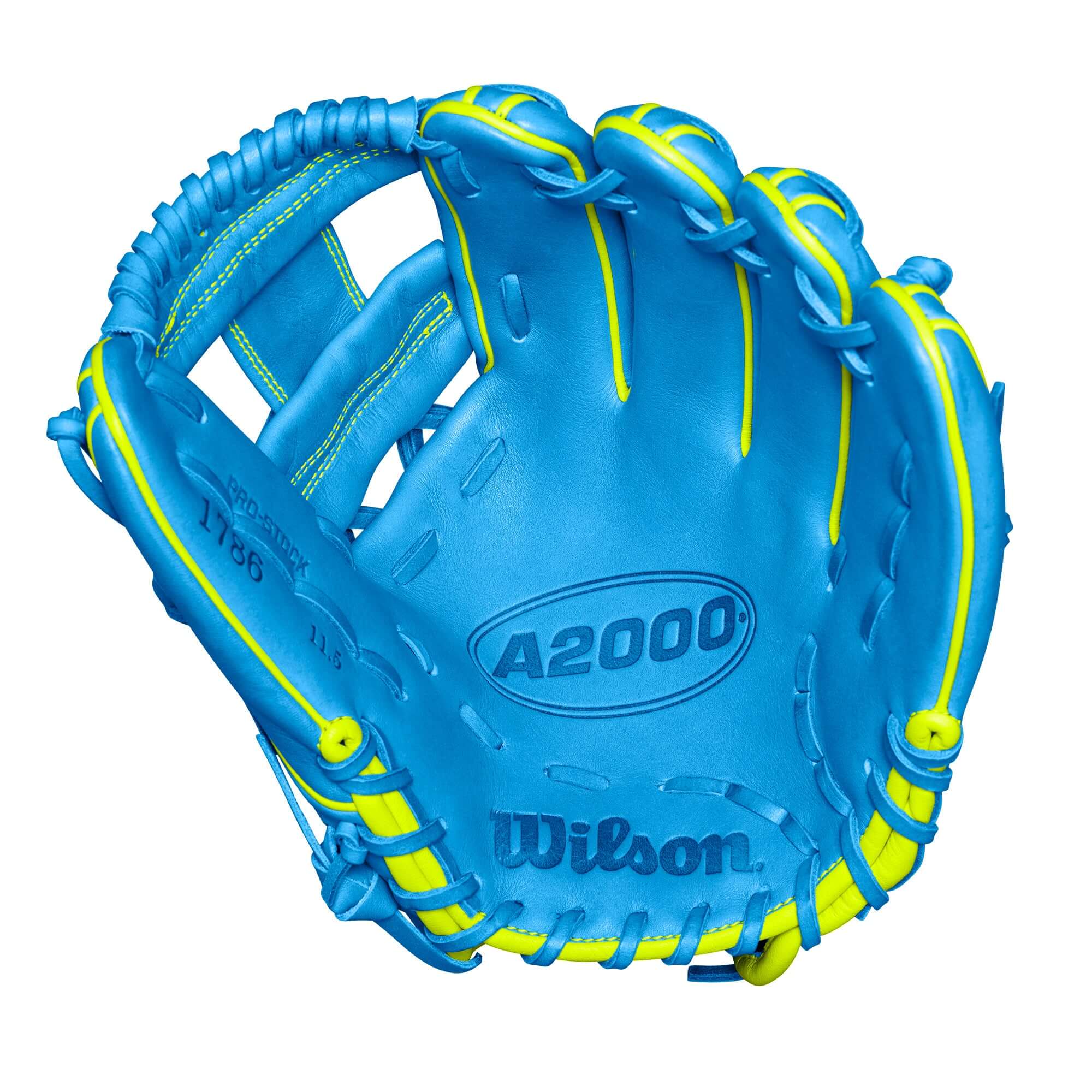 Wilson A2000 1786 infield baseball glove in sky blue and optic yellow, 11.5” H-Web design for superior performance.