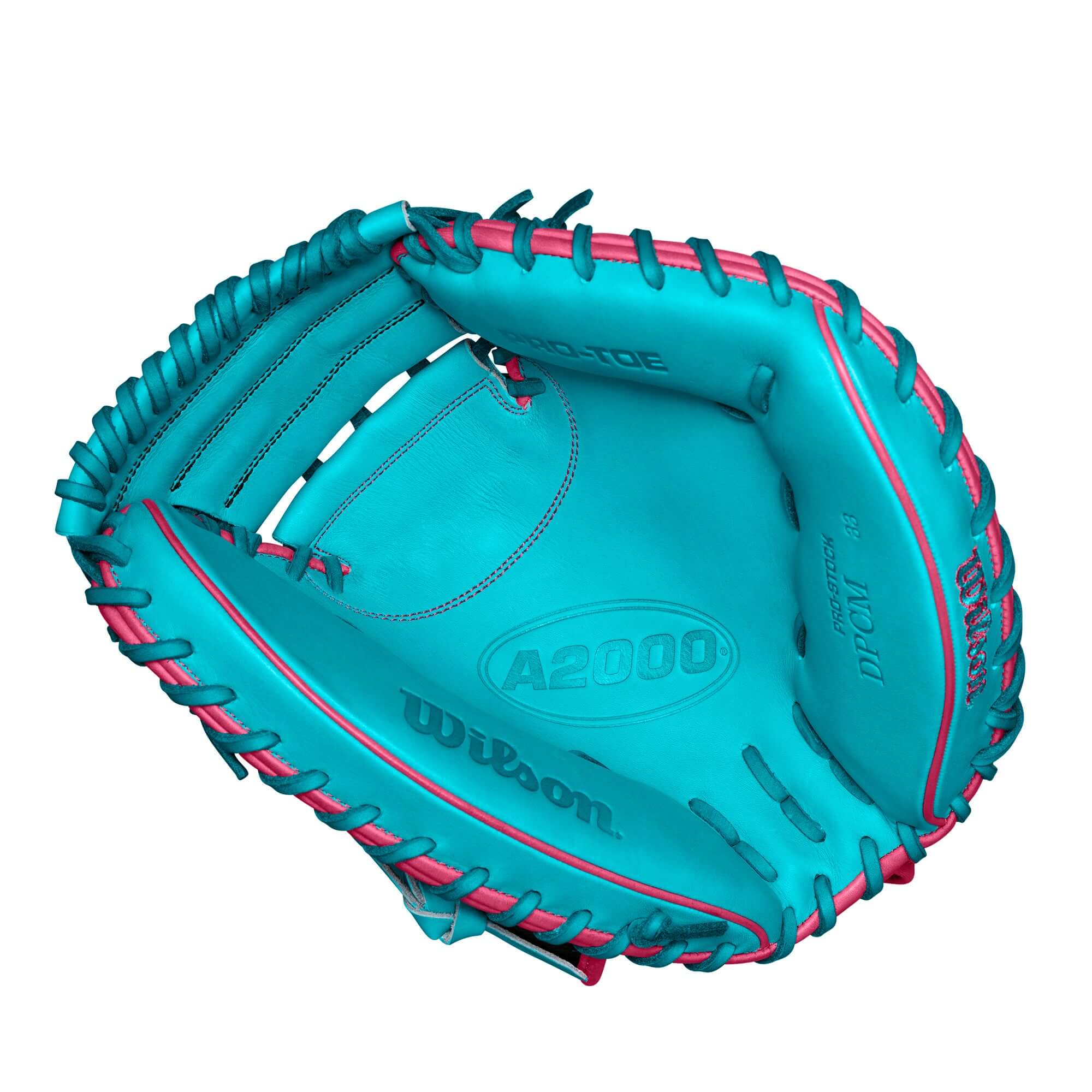 Wilson A2000 CM33 baseball catcher's mitt in teal with pink accents, featuring a Half Moon Web design and Pro Stock leather.