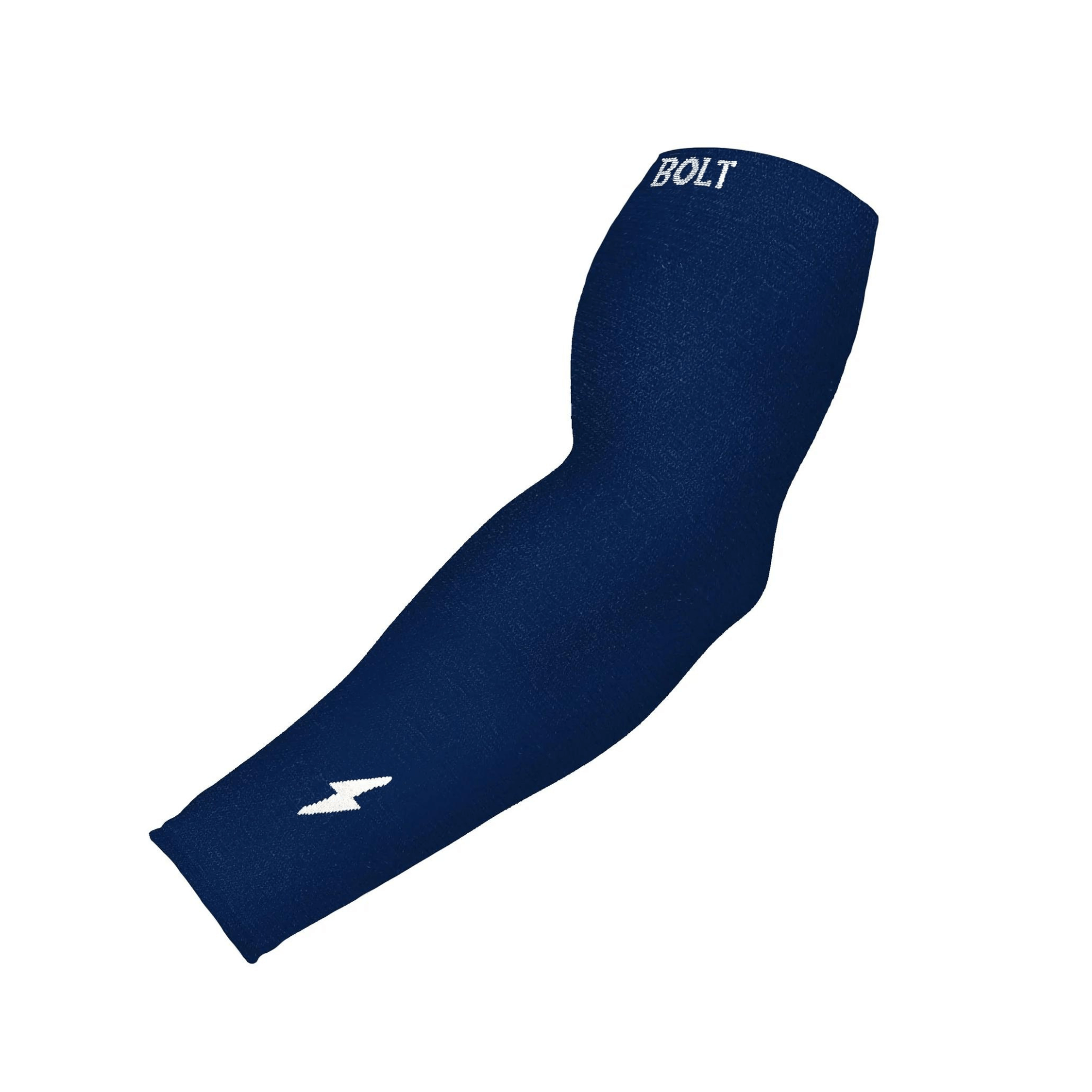 Bruce Bolt navy graduated compression arm sleeve for enhanced blood flow and muscle support during sports.