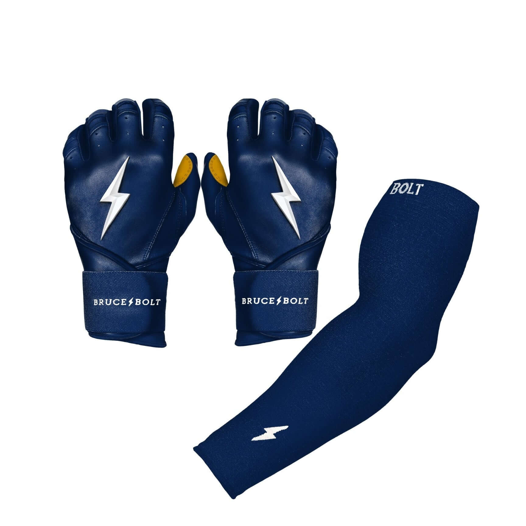 Bruce Bolt navy graduated compression arm sleeve and gloves set for enhanced performance and injury prevention in sports.