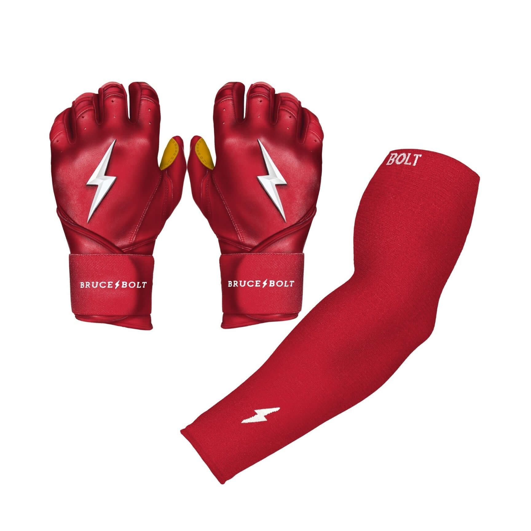 Bruce Bolt red graduated compression arm sleeve and gloves for enhanced performance and muscle support in sports.