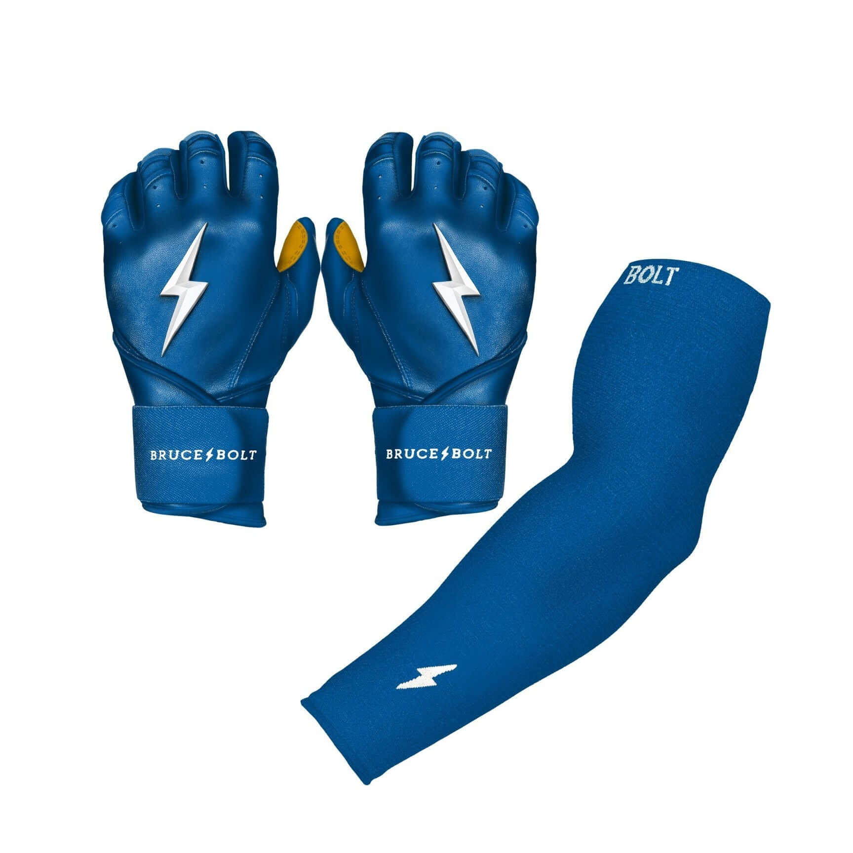 Bruce Bolt royal blue graduated compression arm sleeve and gloves for enhanced performance and muscle support during sports.