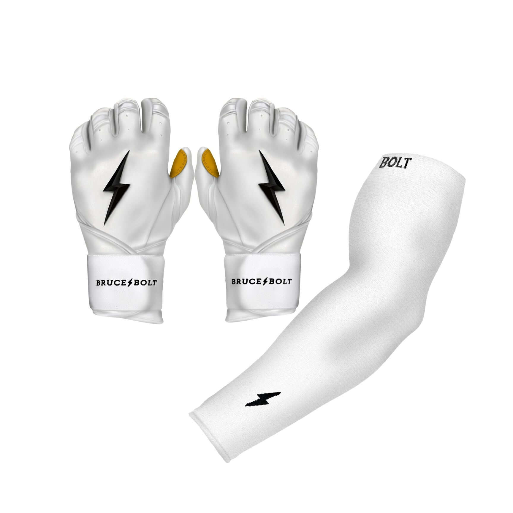Bruce Bolt graduated compression arm sleeve in white with matching gloves featuring lightning design, ideal for athletes.