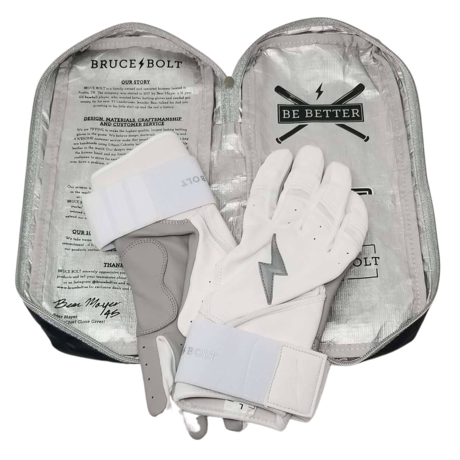 Bruce Bolt Premium Pro Chrome Long Cuff Batting Gloves in white with carrying case and care instructions displayed inside.