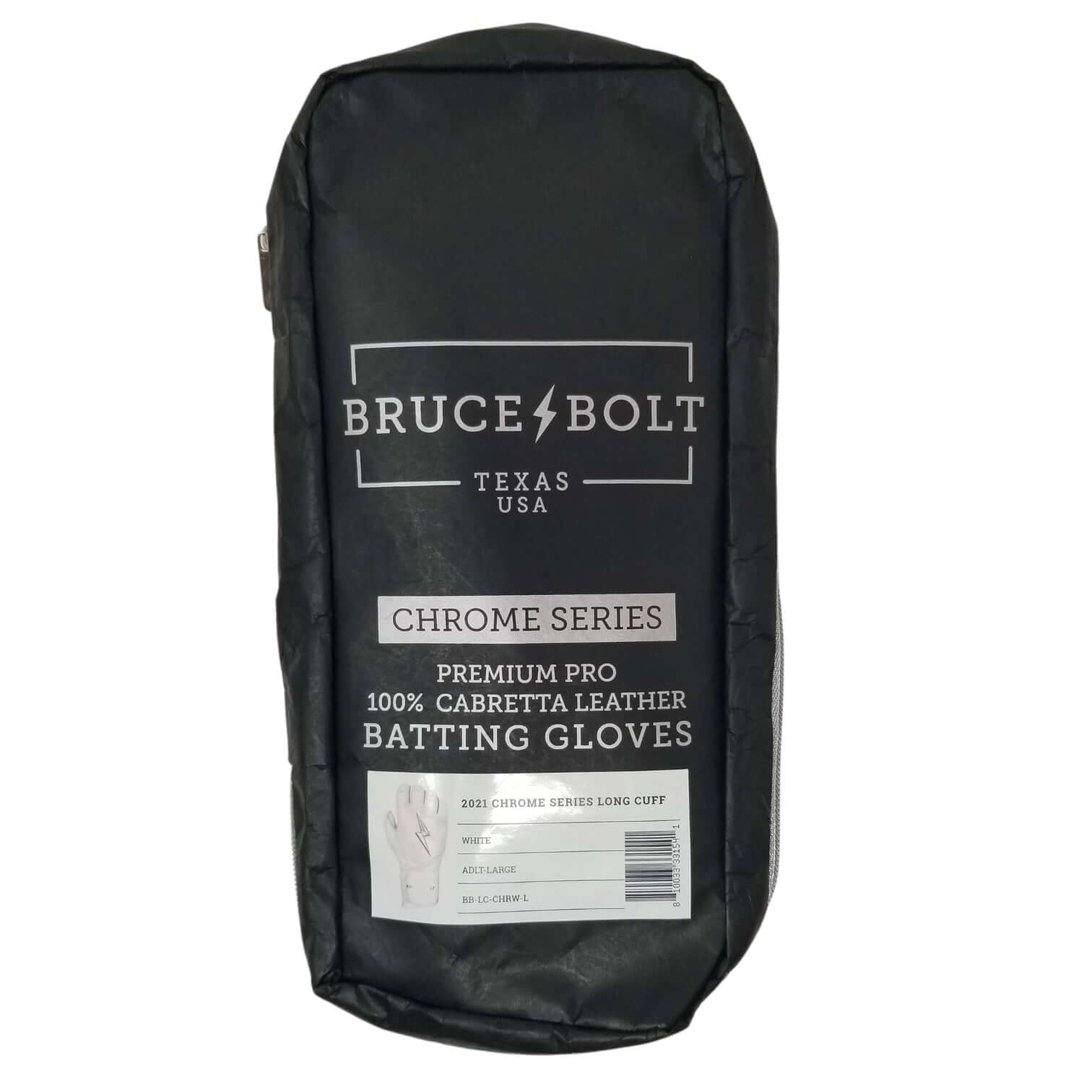 Bruce Bolt Premium Pro Chrome Long Cuff Batting Gloves packaging featuring 100% Cabretta leather, black color with logo.