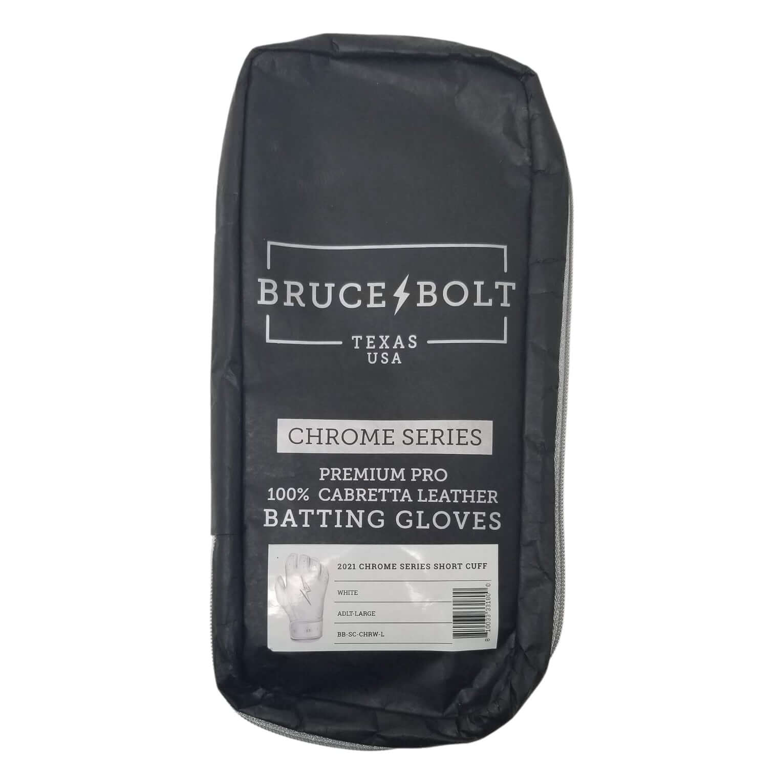 Bruce Bolt Premium Pro Chrome Short Cuff Batting Gloves packaging, featuring 100% Cabretta leather, color white.