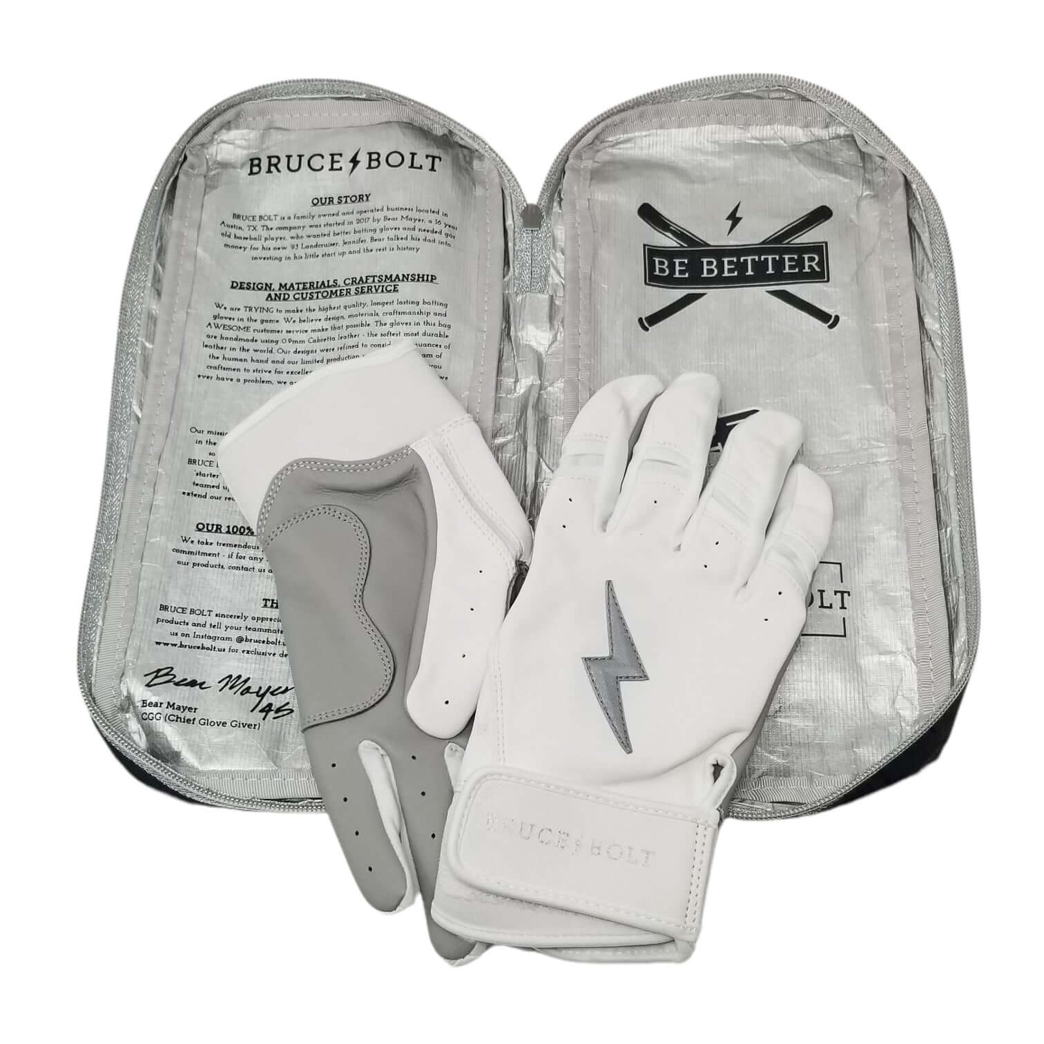 Bruce Bolt Premium Pro Chrome Short Cuff Batting Gloves in white with protective case, showcasing craftsmanship and quality.