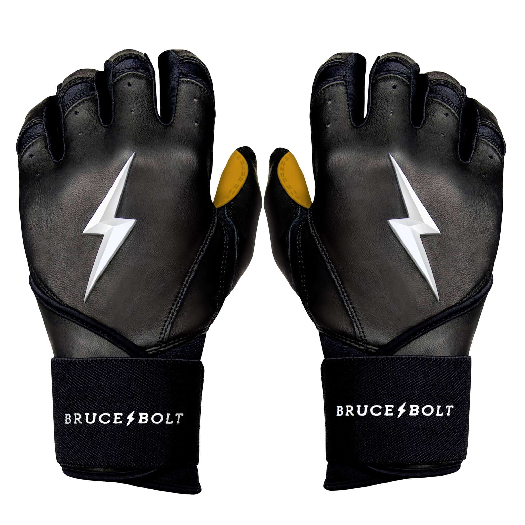 Bruce Bolt Premium Pro Long Cuff Batting Gloves in black with lightning bolt design, featuring durable 0.9mm Cabretta leather.