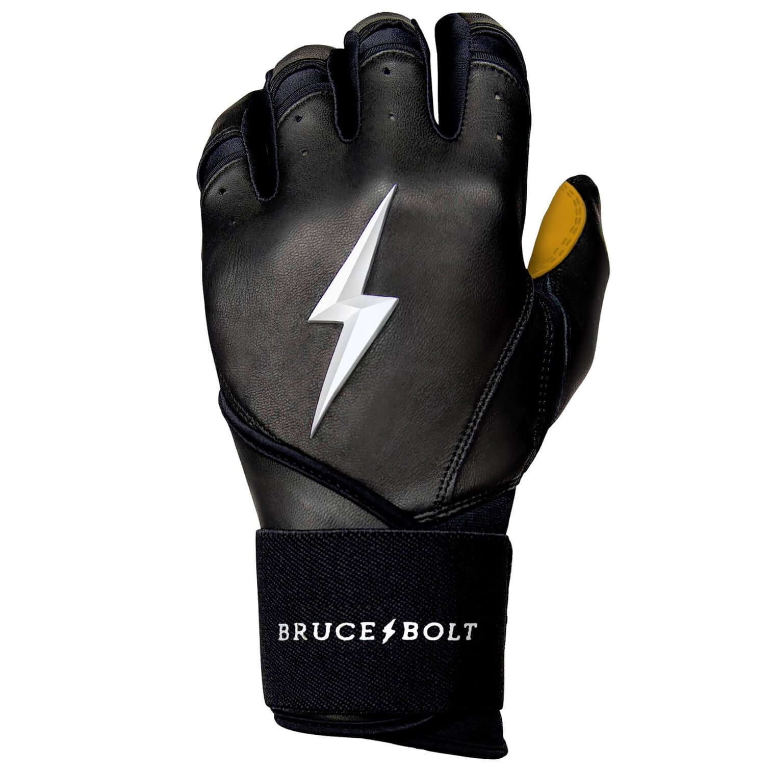 Bruce Bolt Youth Premium Pro Long Cuff Batting Gloves in black with lightning logo and reinforced palm.